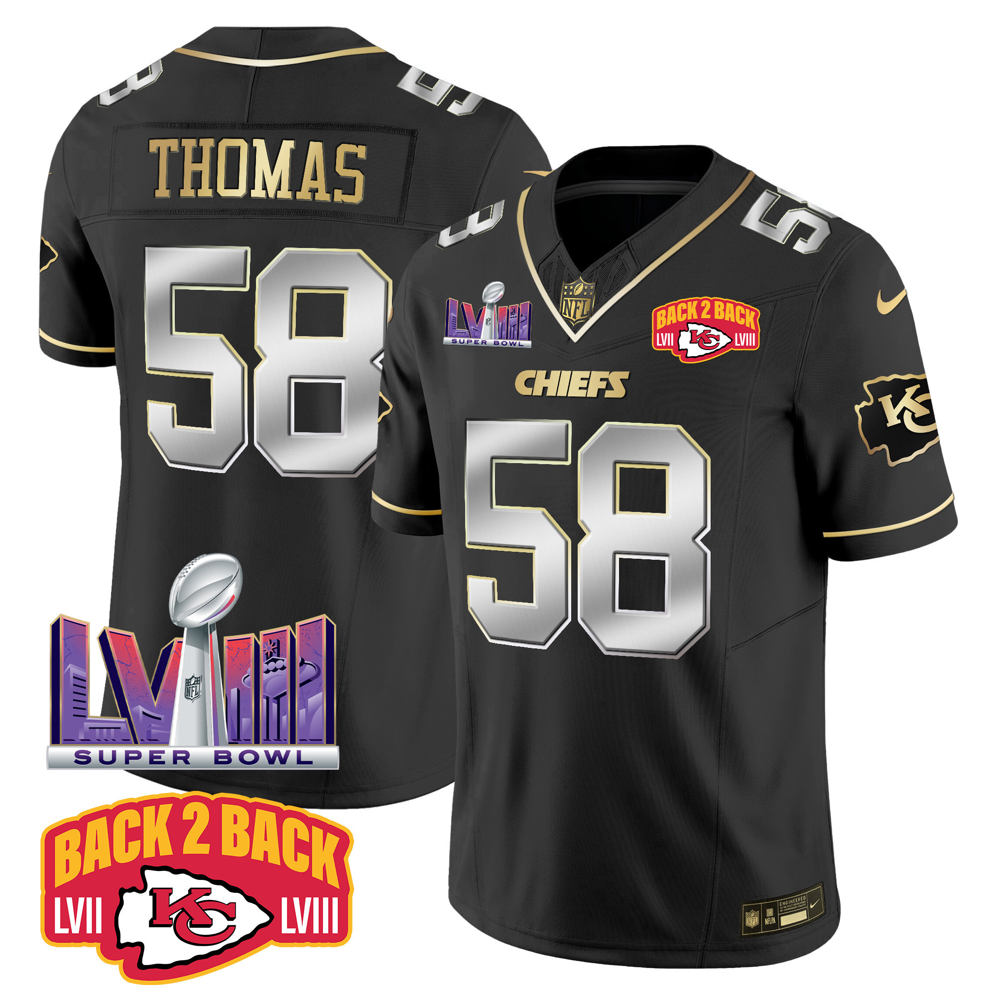 Derrick Thomas Men's Kansas City Chiefs Super Bowl LVIII & Back 2 Back Patch Vapor Black Limited Jersey - All Stitched