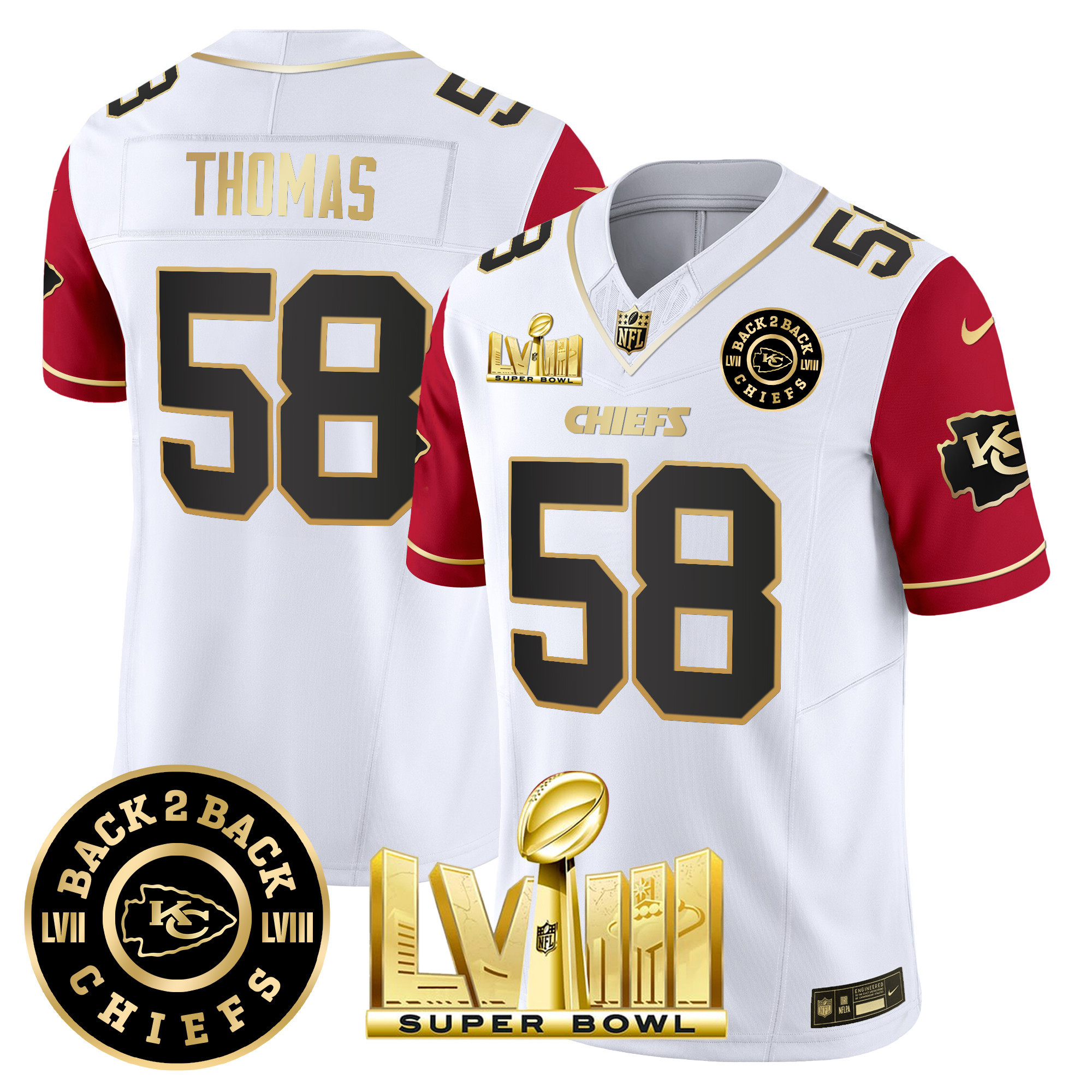 Derrick Thomas Men's Kansas City Chiefs Super Bowl LVIII & Back 2 Back Patch Vapor Color Sleeves Jersey - All Stitched