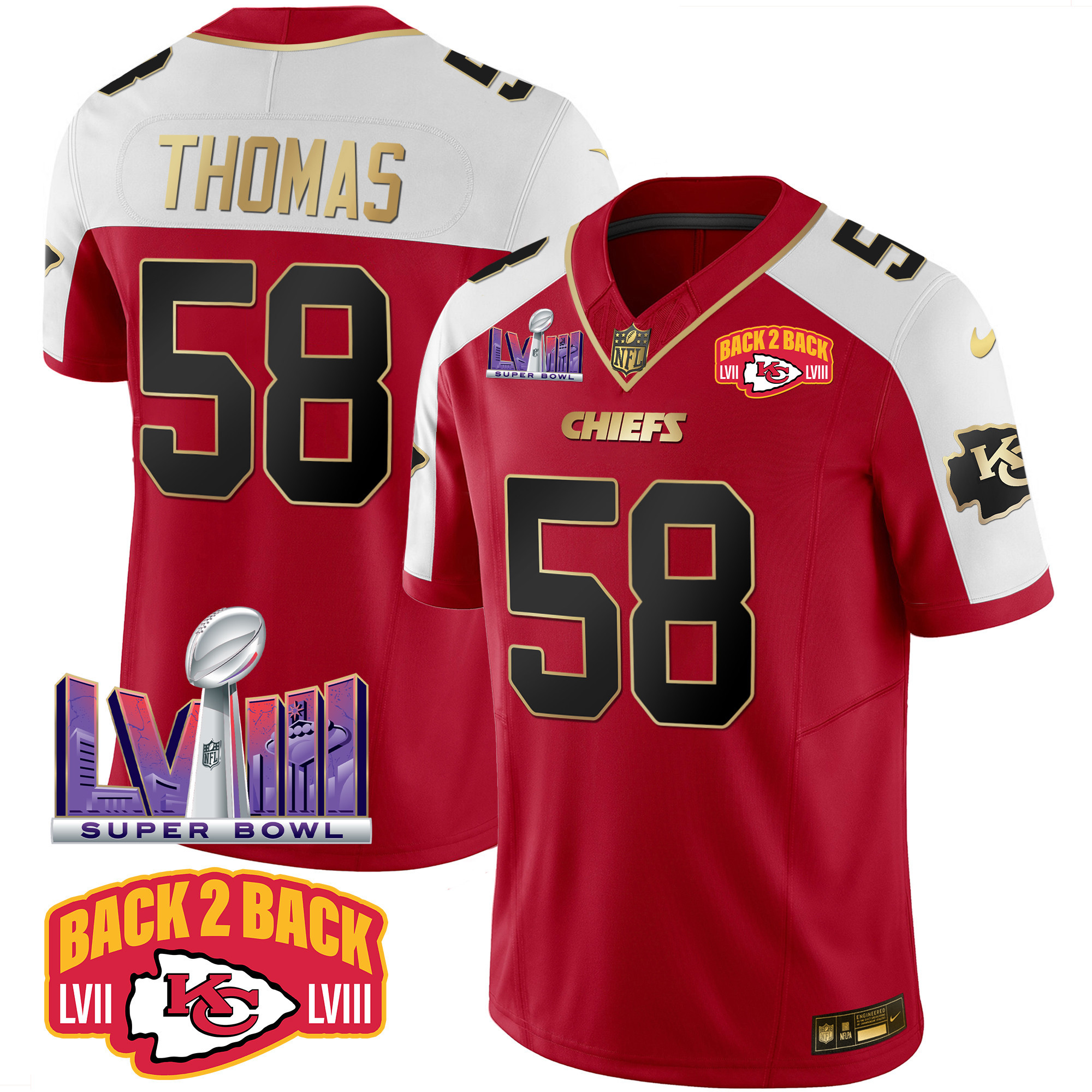 Derrick Thomas Men's Kansas City Chiefs Super Bowl LVIII & Back 2 Back Patch Vapor Red Alternate Jersey - All Stitched