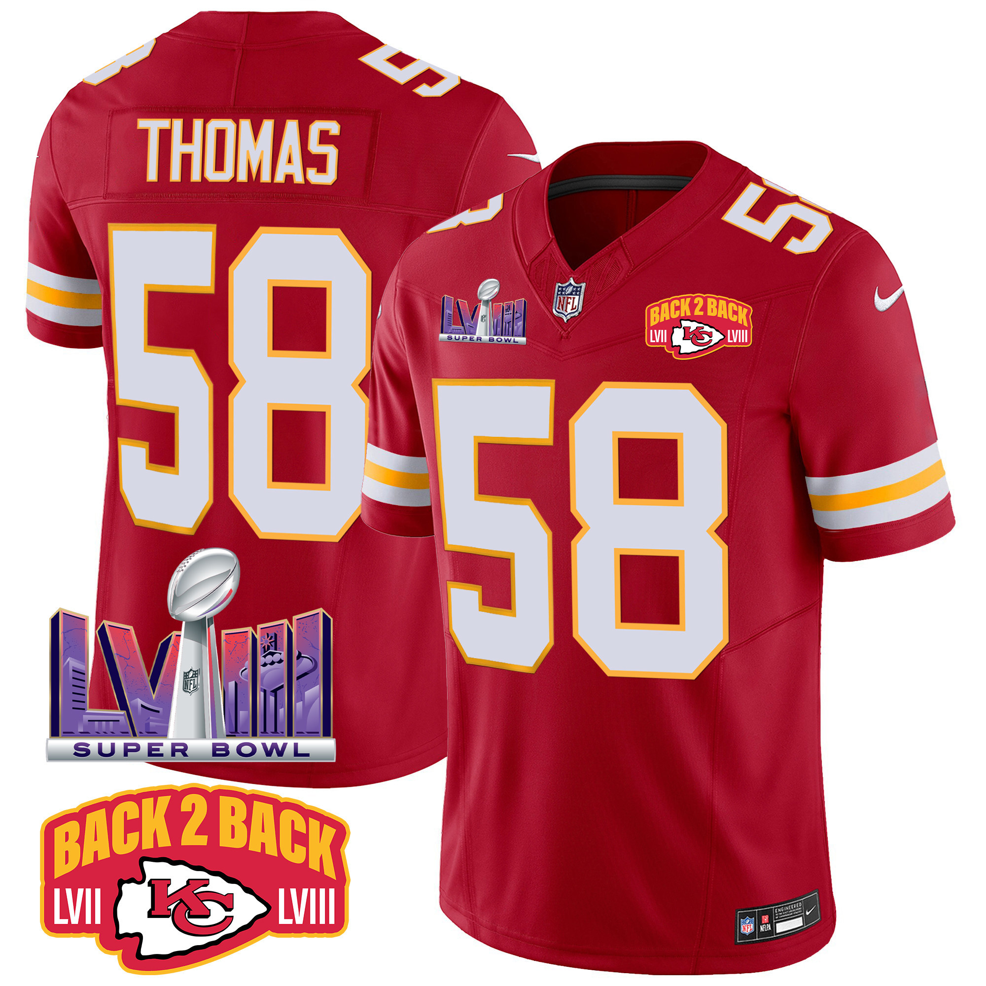 Derrick Thomas Men's Kansas City Chiefs Super Bowl LVIII & Back 2 Back Patch Vapor Red Jersey - All Stitched