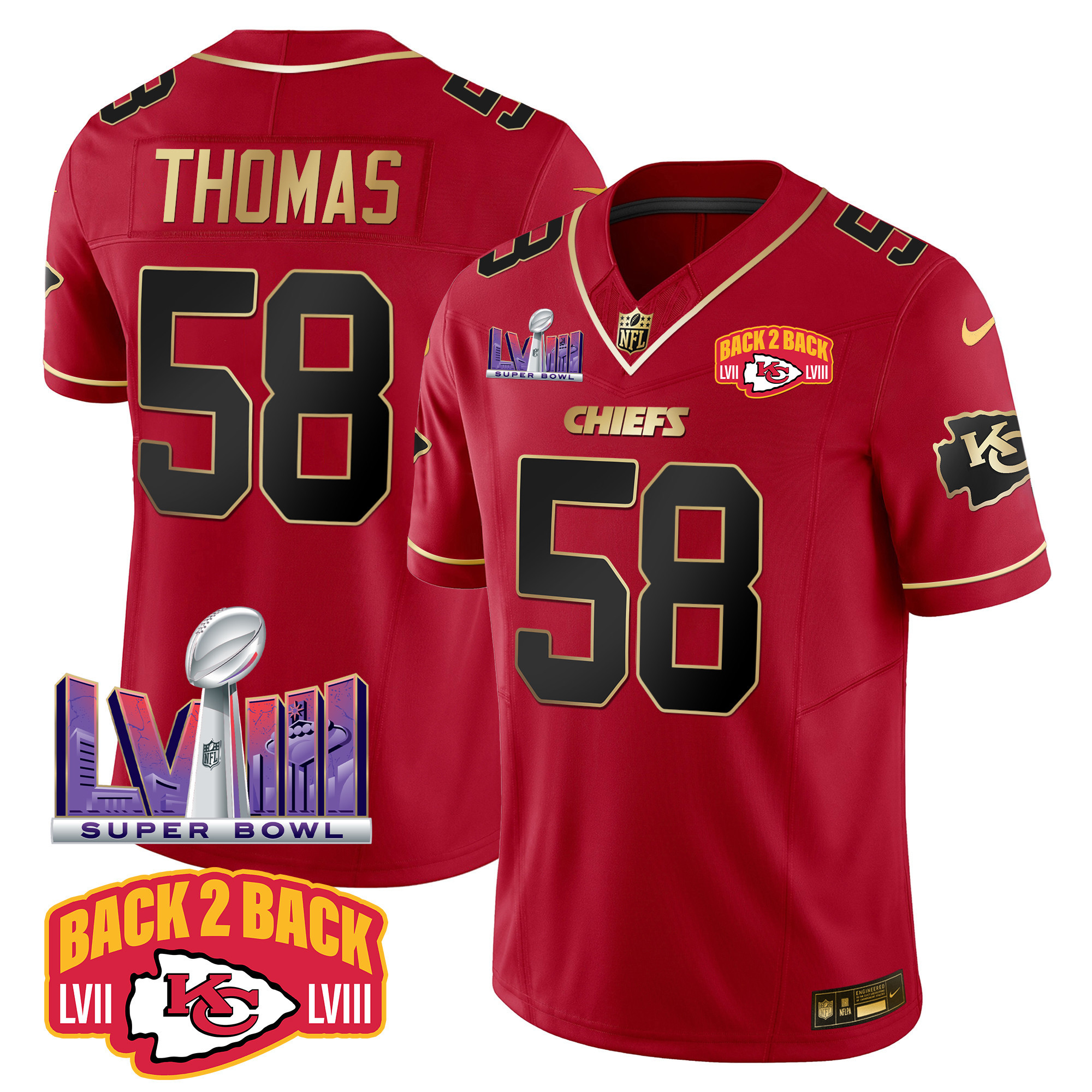 Derrick Thomas Men's Kansas City Chiefs Super Bowl LVIII & Back 2 Back Patch Vapor Red Special Jersey - All Stitched