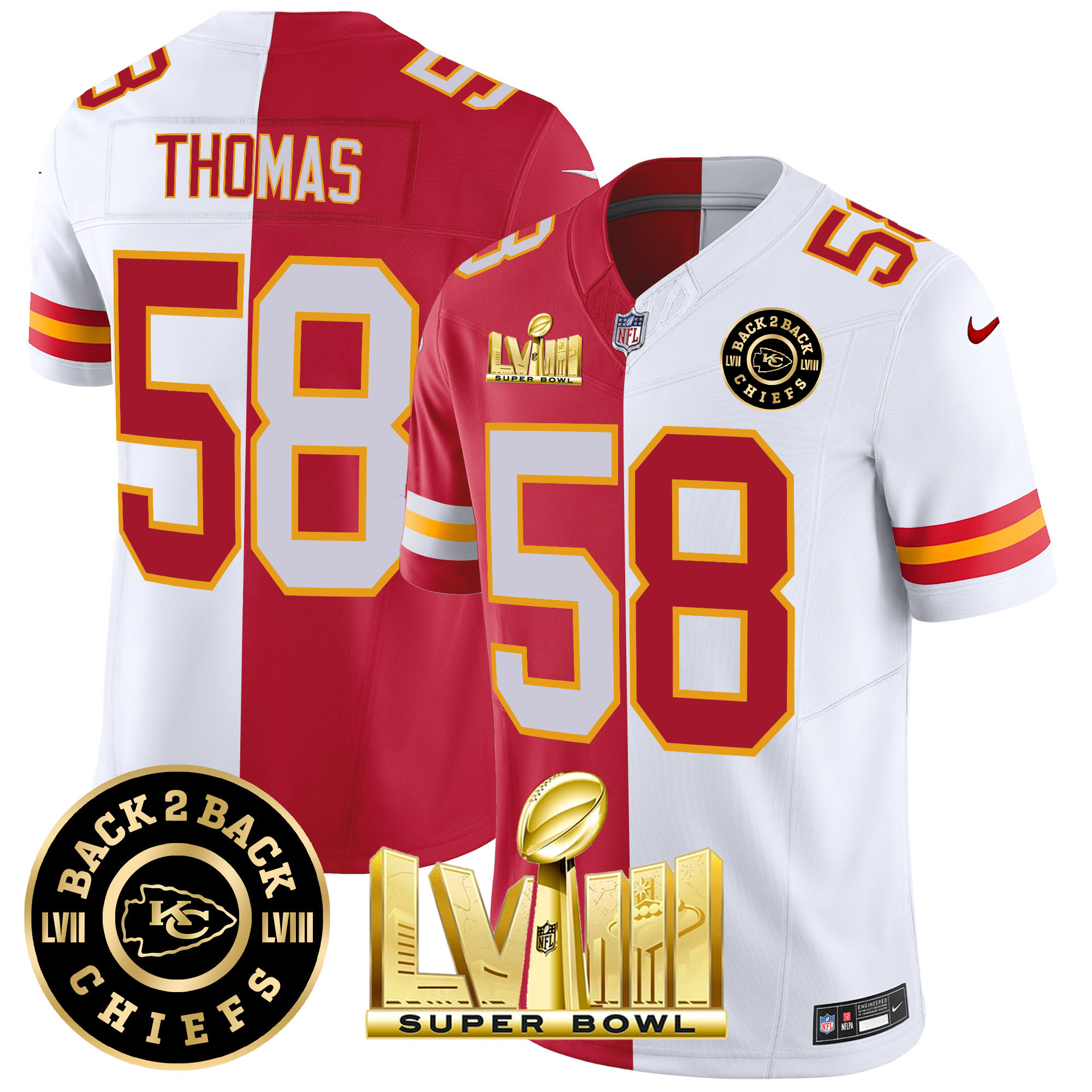 Derrick Thomas Men's Kansas City Chiefs Super Bowl LVIII & Back 2 Back Patch Vapor Split Jersey - All Stitched
