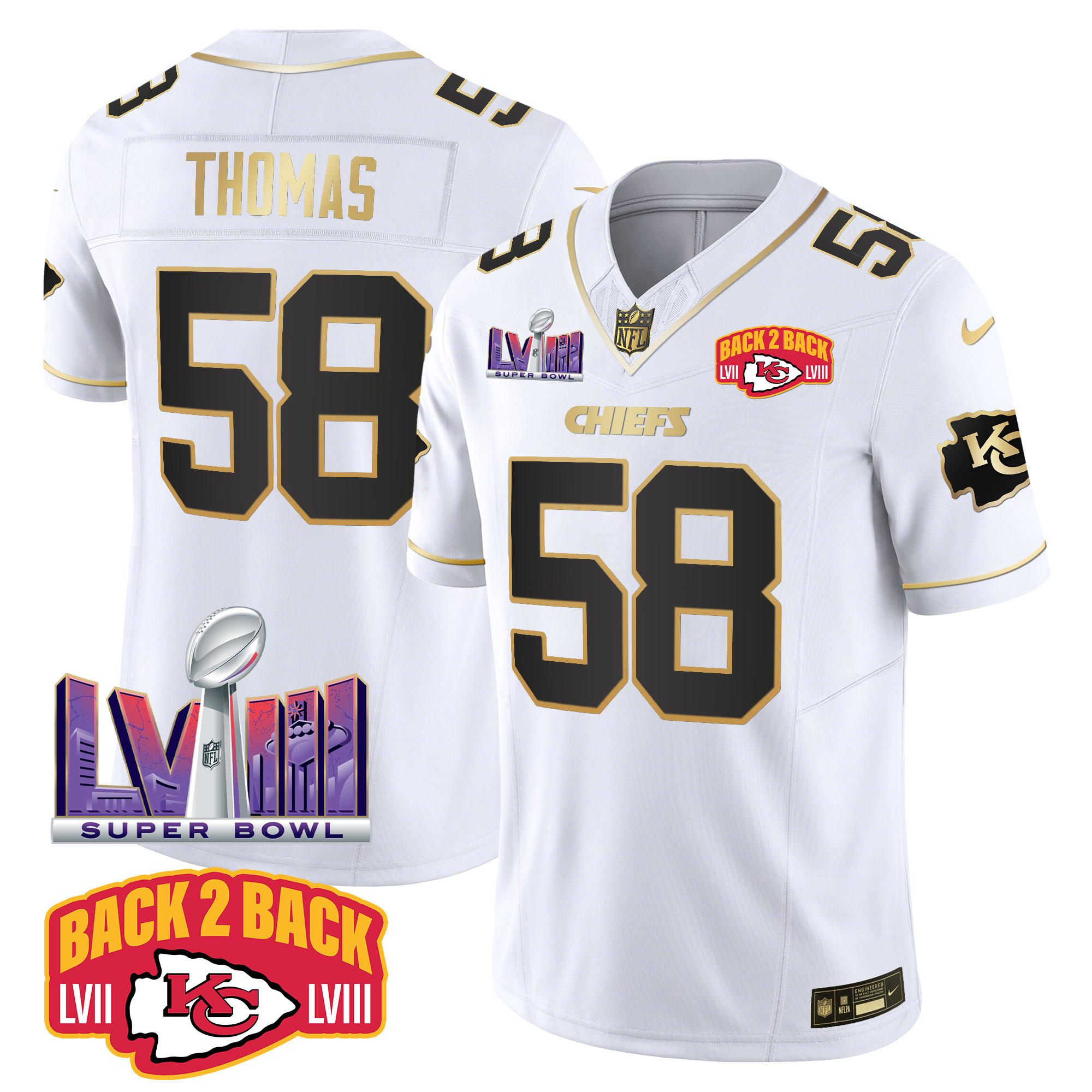 Derrick Thomas Men's Kansas City Chiefs Super Bowl LVIII & Back 2 Back Patch Vapor White Gold Jersey - All Stitched