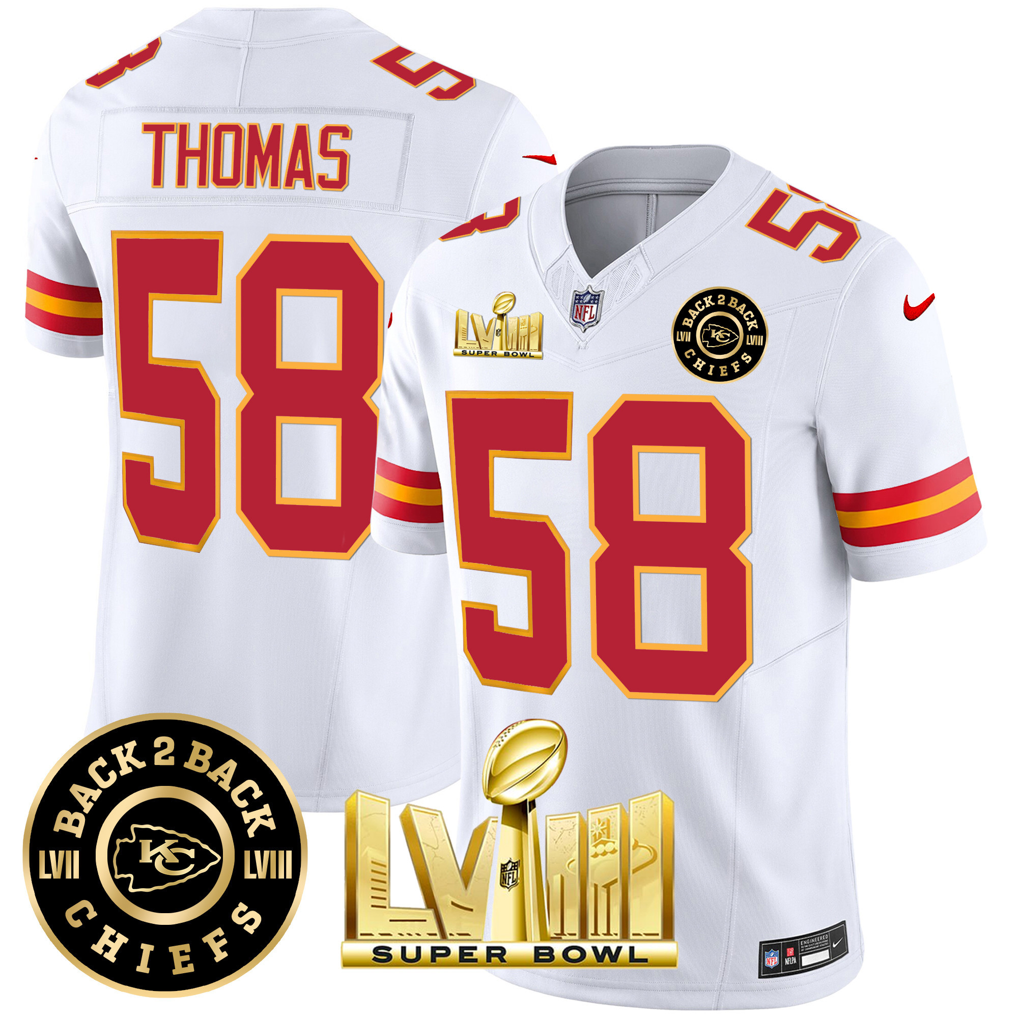 Derrick Thomas Men's Kansas City Chiefs Super Bowl LVIII & Back 2 Back Patch Vapor White Jersey - All Stitched