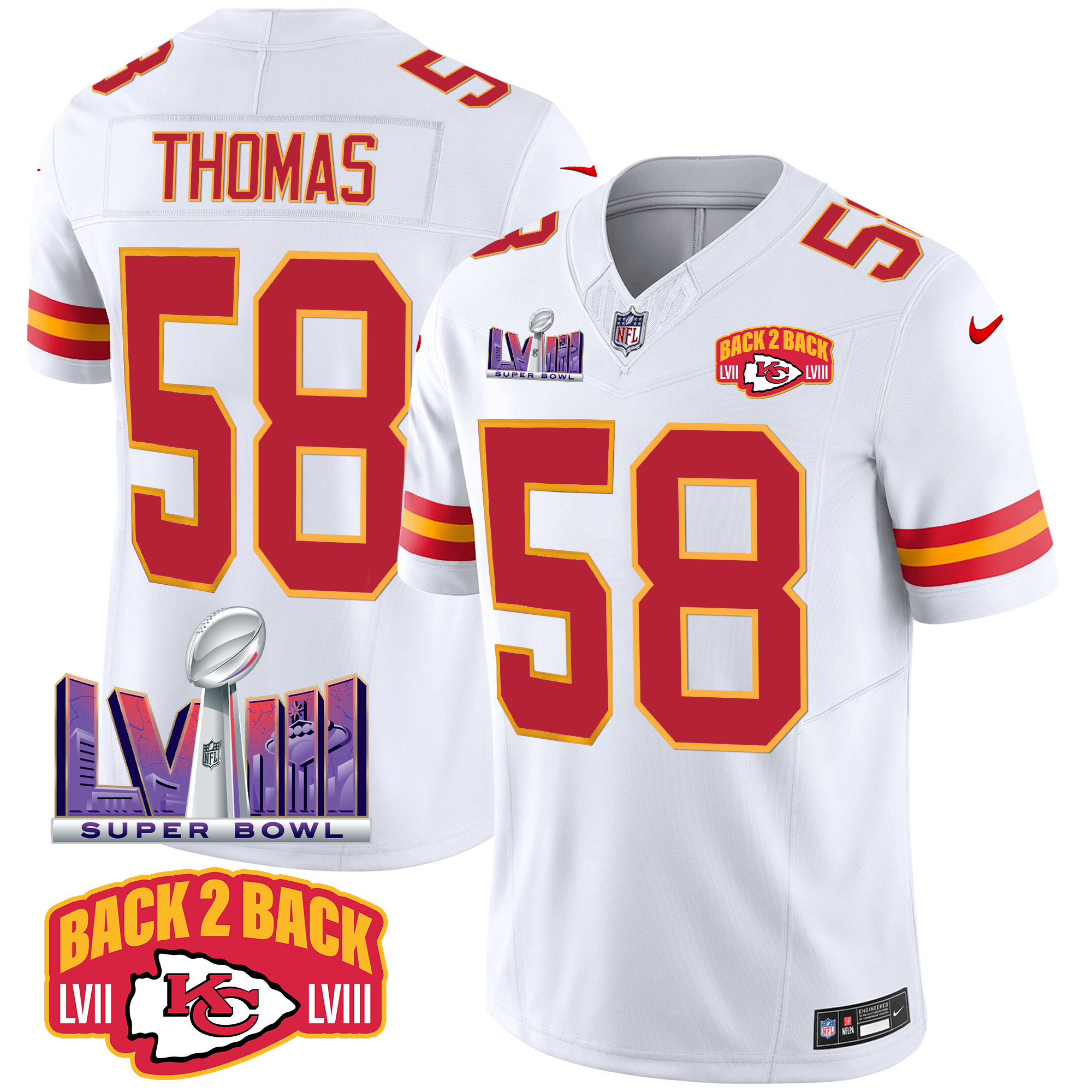 Derrick Thomas Men's Kansas City Chiefs Super Bowl LVIII & Back 2 Back Patch Vapor White Jersey - All Stitched