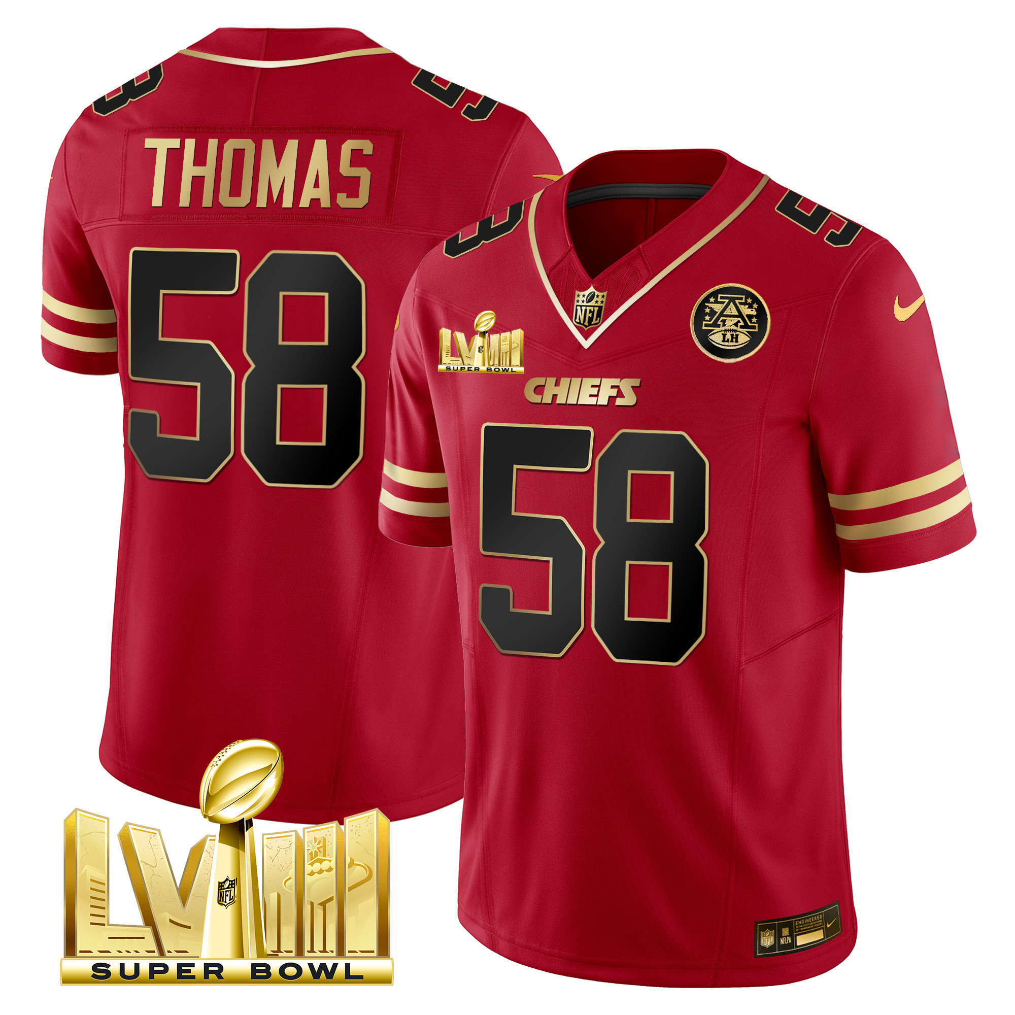 Derrick Thomas Men's Kansas City Chiefs Super Bowl LVIII Gold Patch Vapor Black Red Jersey - All Stitched