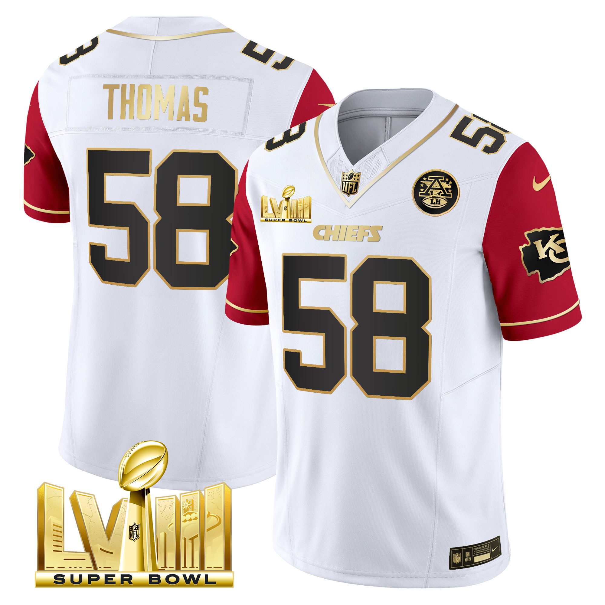 Derrick Thomas Men's Kansas City Chiefs Super Bowl LVIII Gold Patch Vapor Color Sleeves Jersey - All Stitched