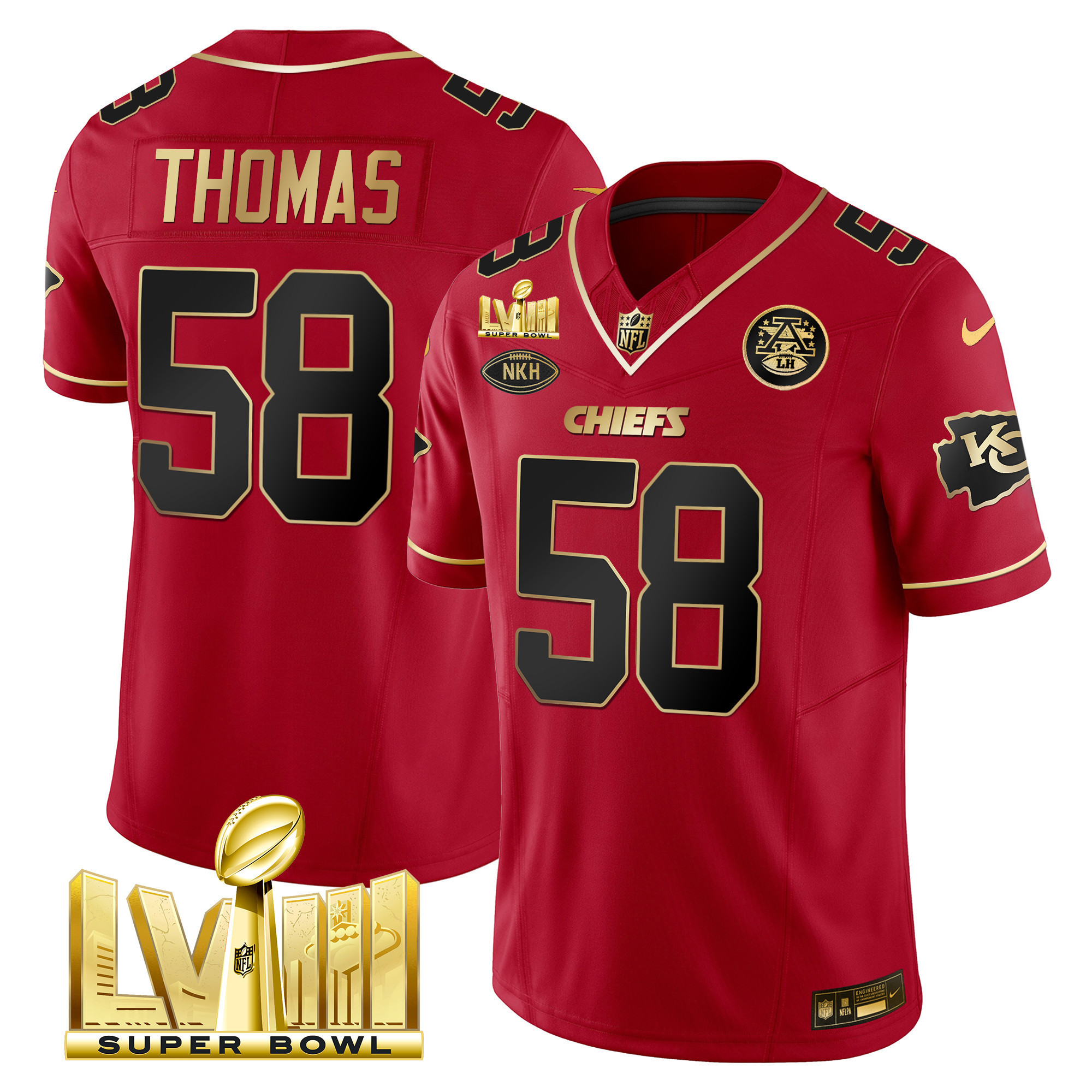 Derrick Thomas Men's Kansas City Chiefs Super Bowl LVIII Gold Patch Vapor Red Gold Jersey - All Stitched