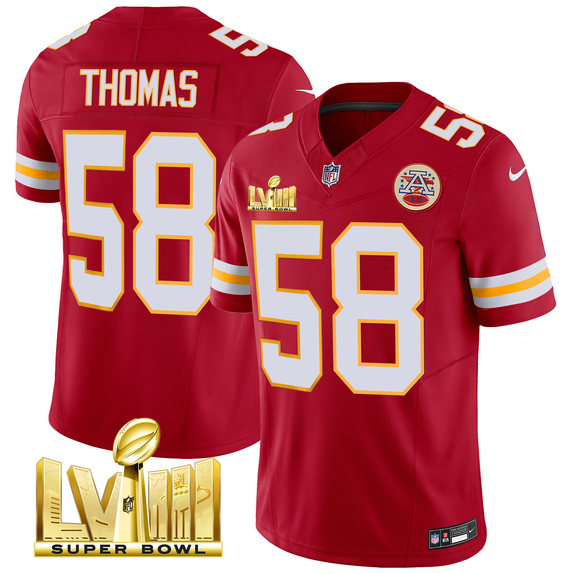 Derrick Thomas Men's Kansas City Chiefs Super Bowl LVIII Gold Patch Vapor Red Jersey - All Stitched