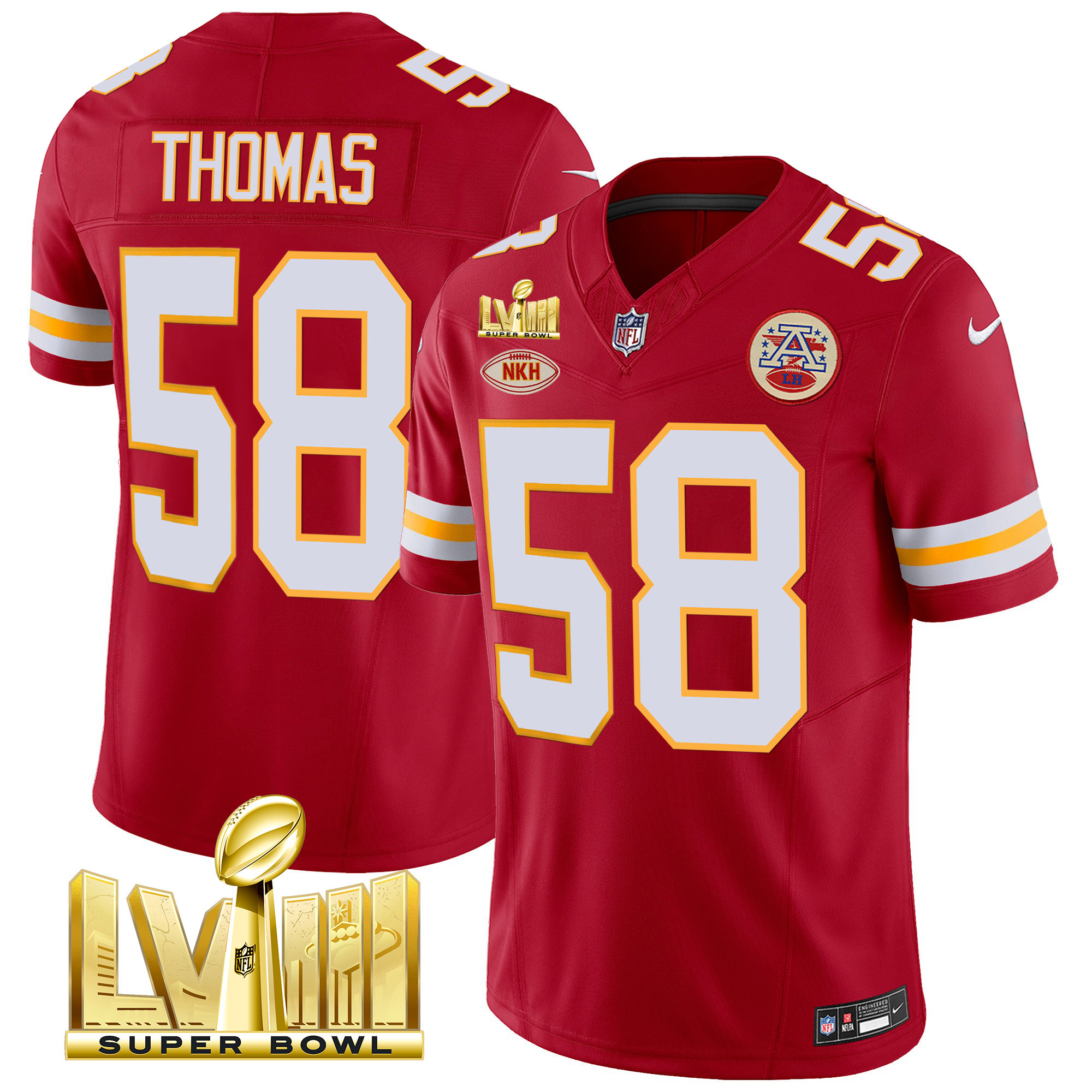 Derrick Thomas Men's Kansas City Chiefs Super Bowl LVIII Gold Patch Vapor Red Jersey - All Stitched