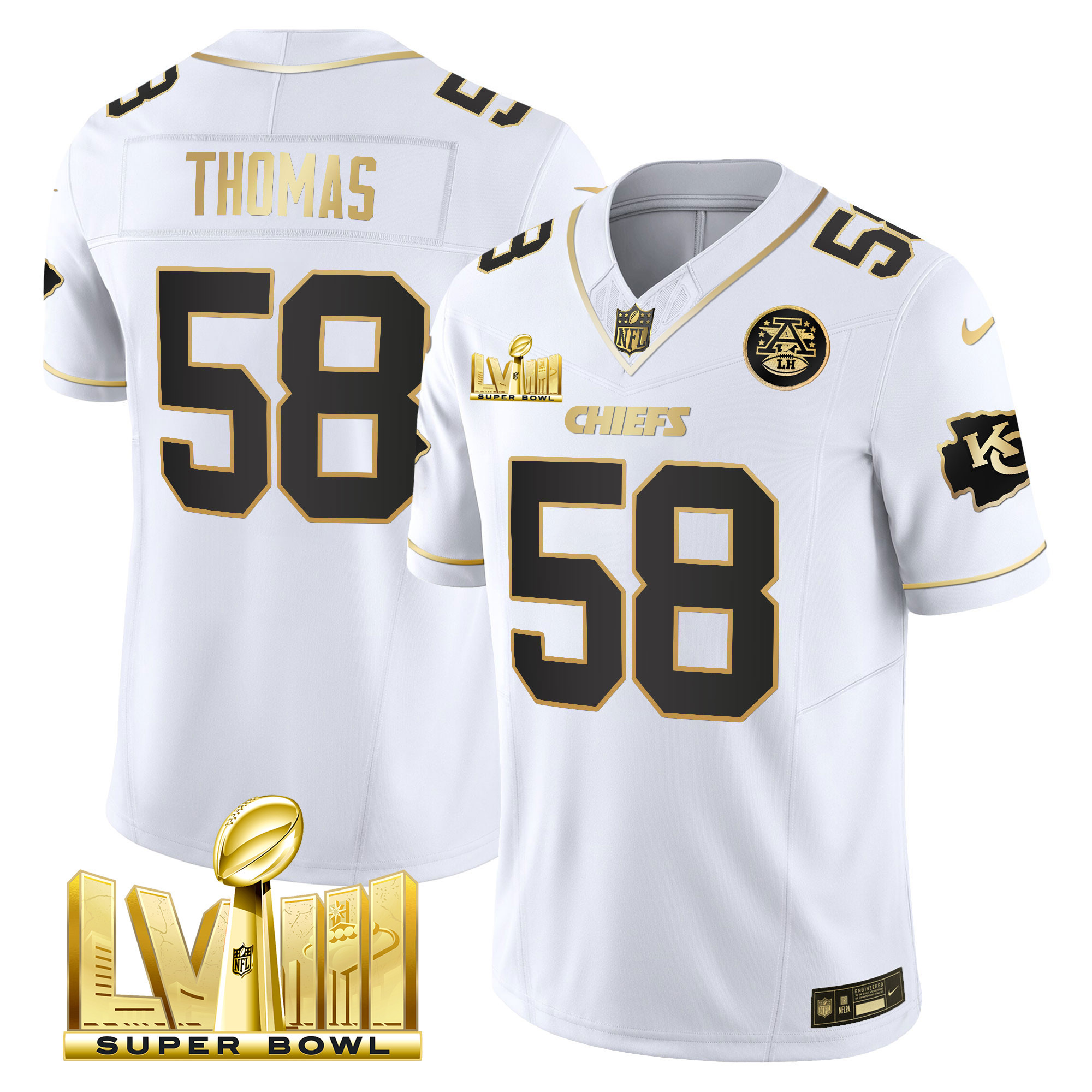 Derrick Thomas Men's Kansas City Chiefs Super Bowl LVIII Gold Patch Vapor White Gold Jersey - All Stitched