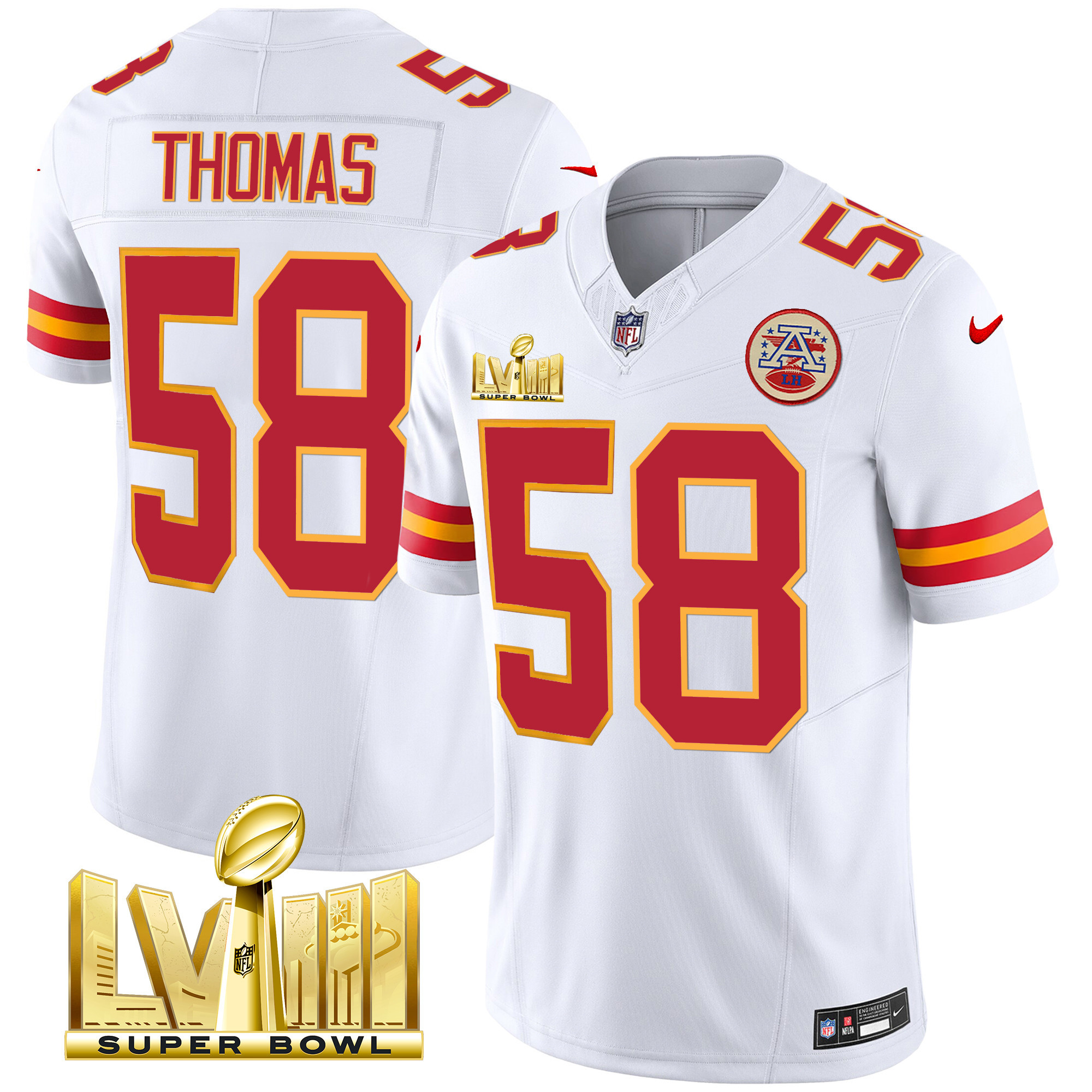 Derrick Thomas Men's Kansas City Chiefs Super Bowl LVIII Gold Patch Vapor White Jersey - All Stitched