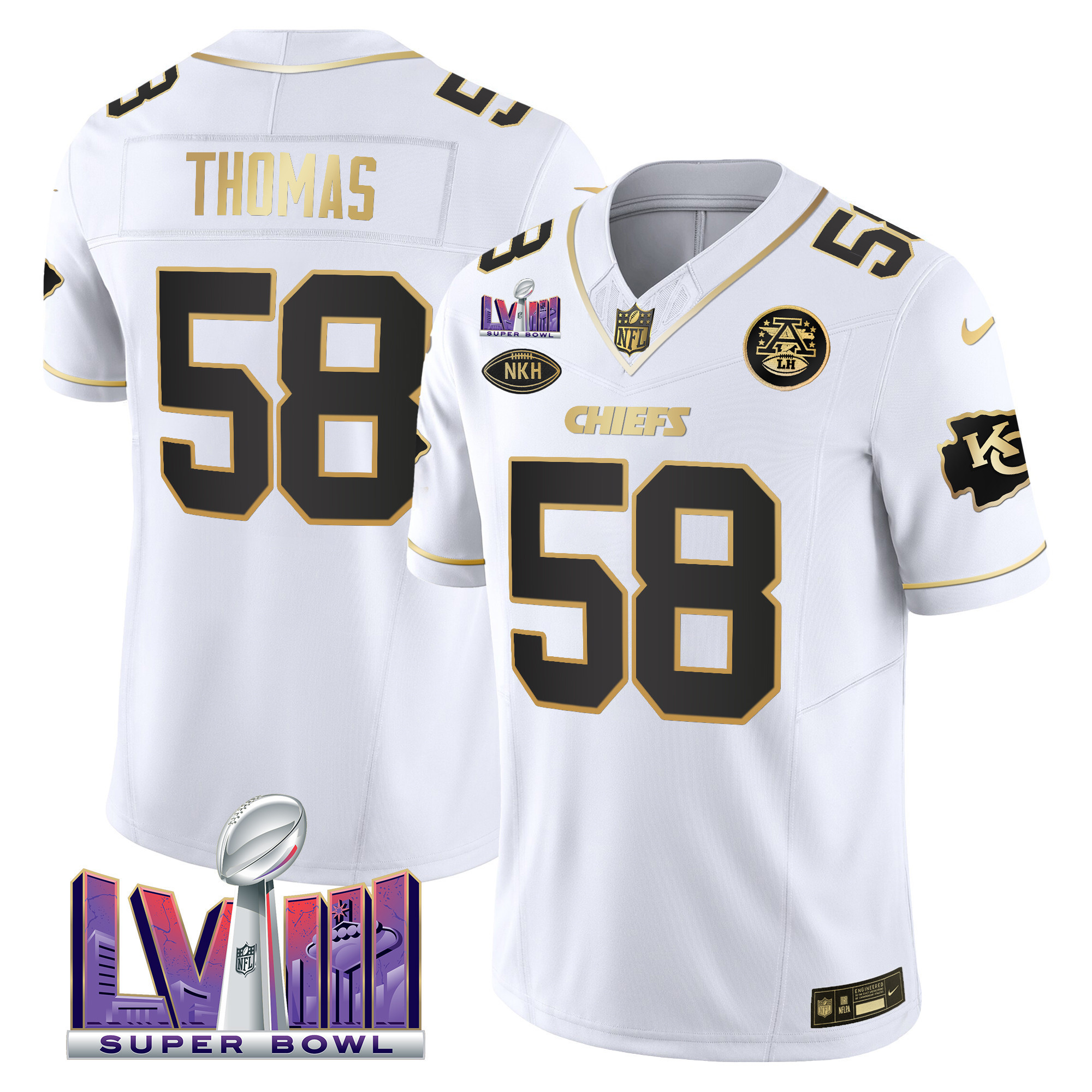 Derrick Thomas Men's Kansas City Chiefs Super Bowl LVIII Patch Vapor White Gold Jersey - All Stitched