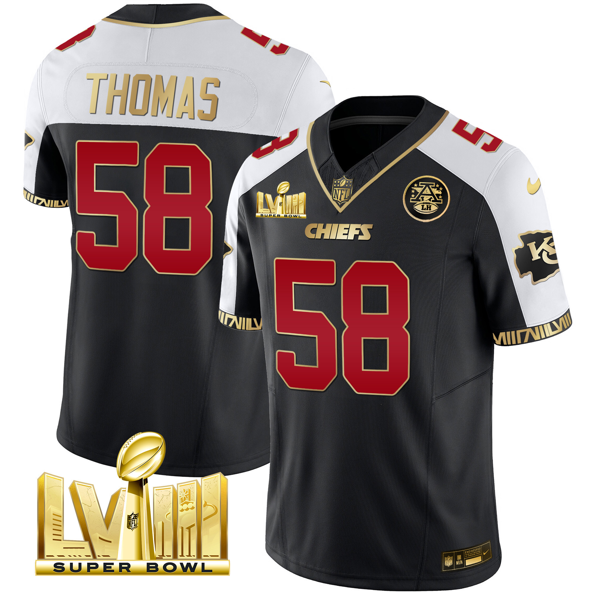 Derrick Thomas Men's Kansas City Chiefs Super Bowl LVIII Pattern Gold Vapor Black Alternate Jersey - All Stitched