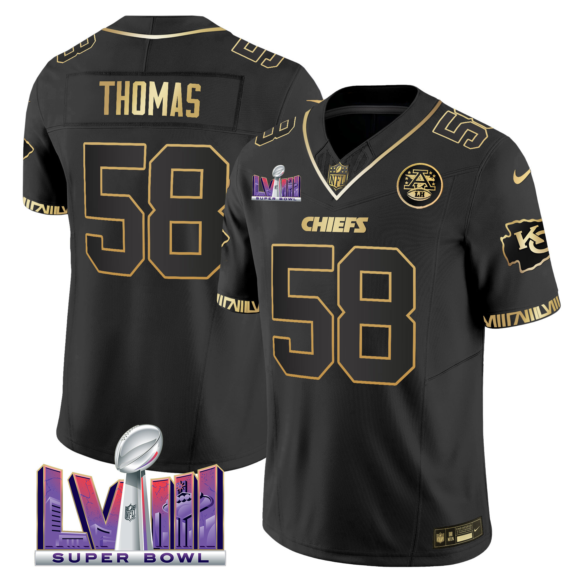 Derrick Thomas Men's Kansas City Chiefs Super Bowl LVIII Pattern Vapor Black Gold Jersey - All Stitched
