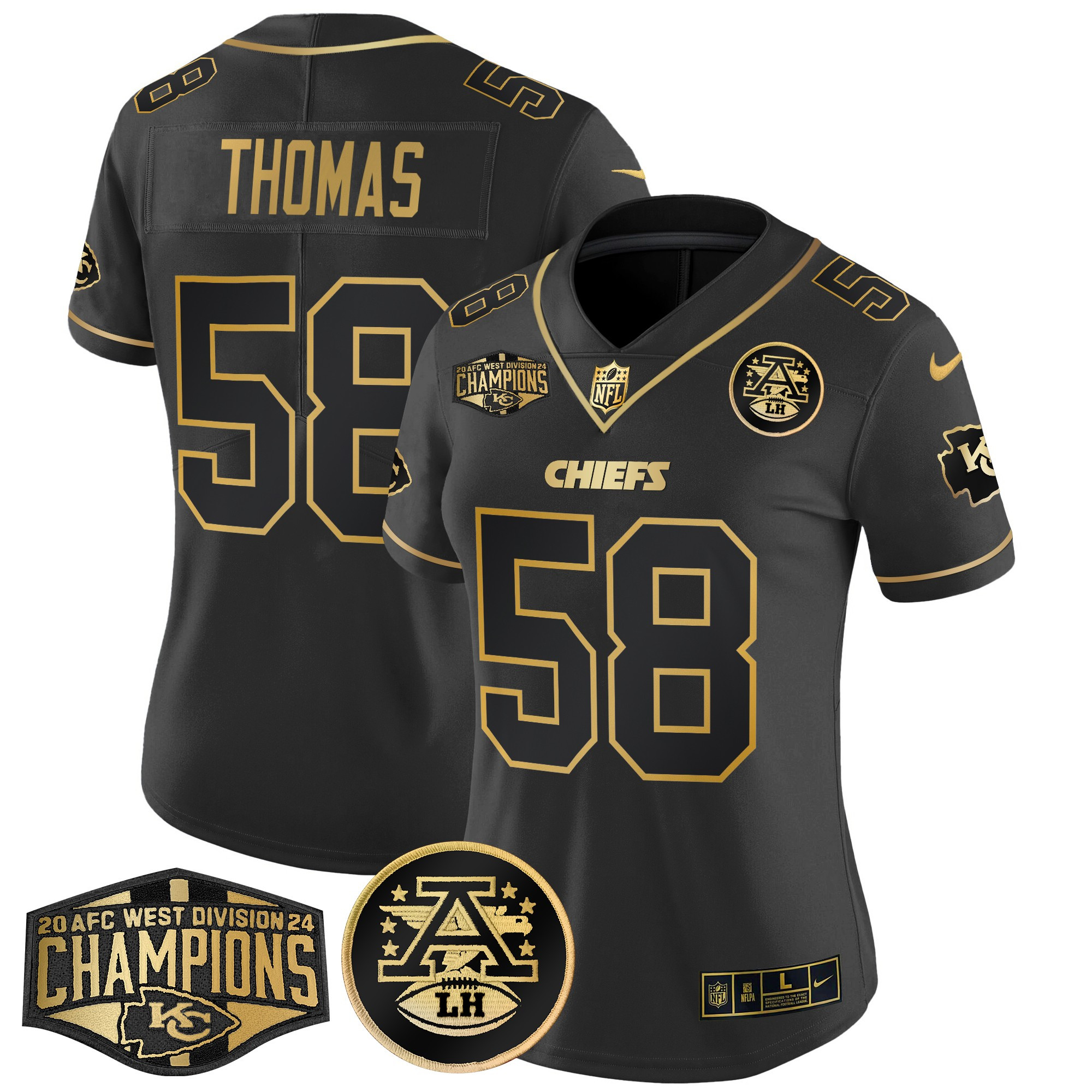 Derrick Thomas Women's Kansas City Chiefs 2024 AFC West Division Champions Patch Gold Vapor Limited Black Gold Jersey - All Stitched