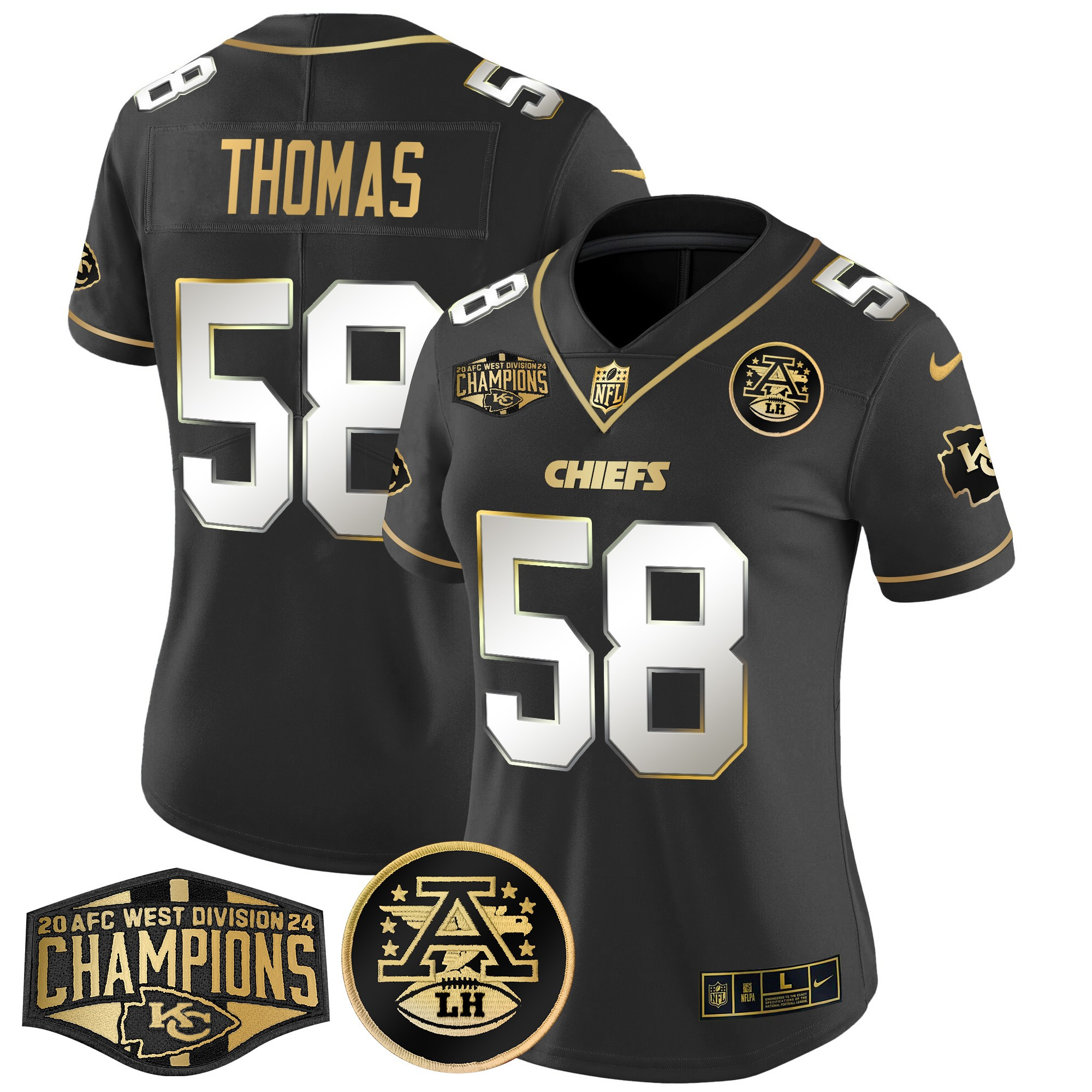 Derrick Thomas Women's Kansas City Chiefs 2024 AFC West Division Champions Patch Gold Vapor Limited Black Limited Jersey - All Stitched