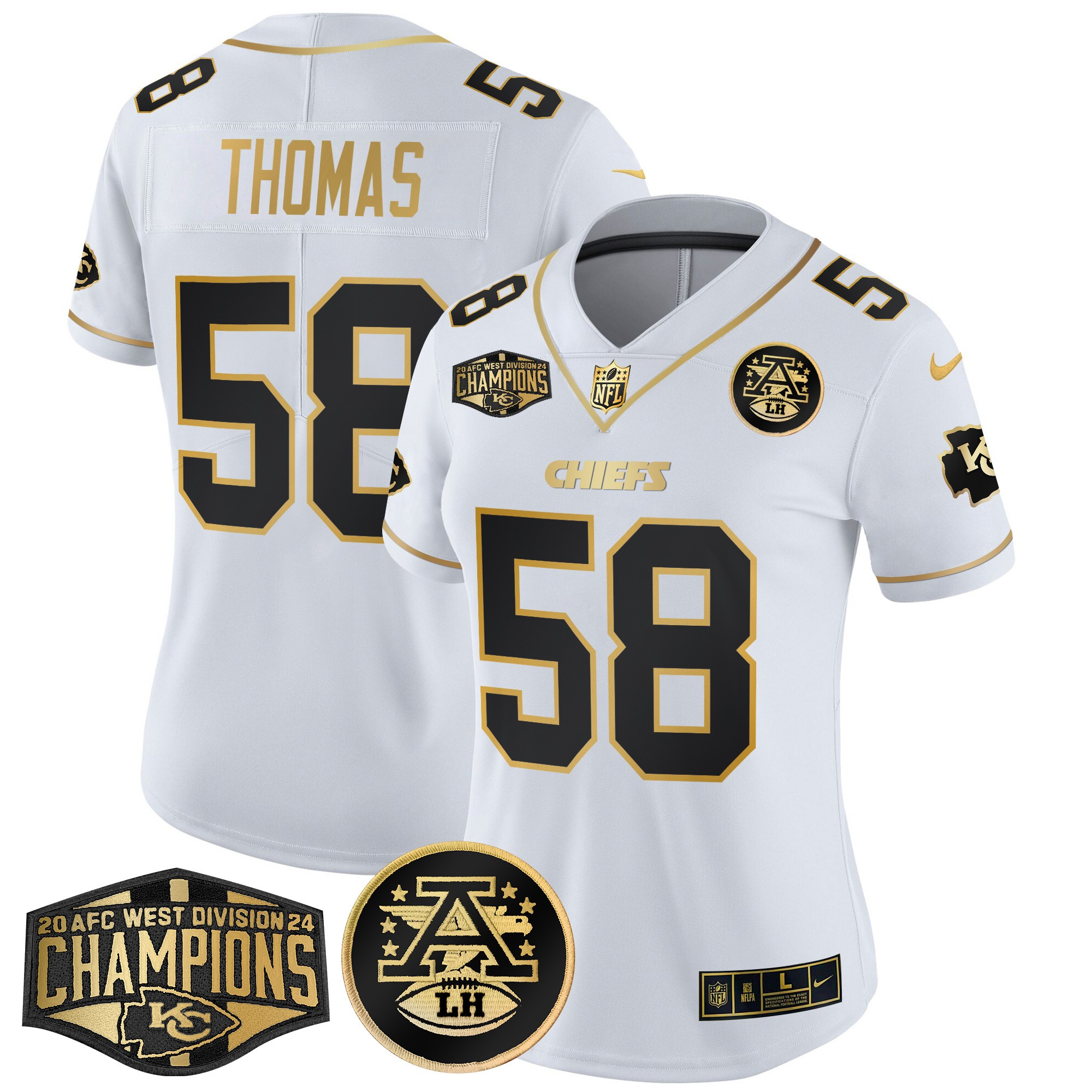 Derrick Thomas Women's Kansas City Chiefs 2024 AFC West Division Champions Patch Gold Vapor Limited White Gold Jersey - All Stitched