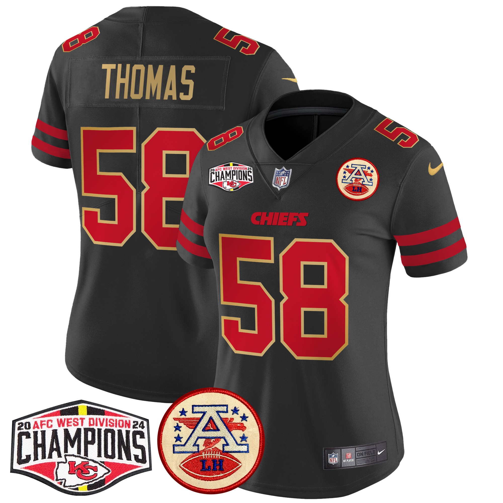 Derrick Thomas Women's Kansas City Chiefs 2024 AFC West Division Champions Patch Vapor Limited Gold Trim Jersey - All Stitched