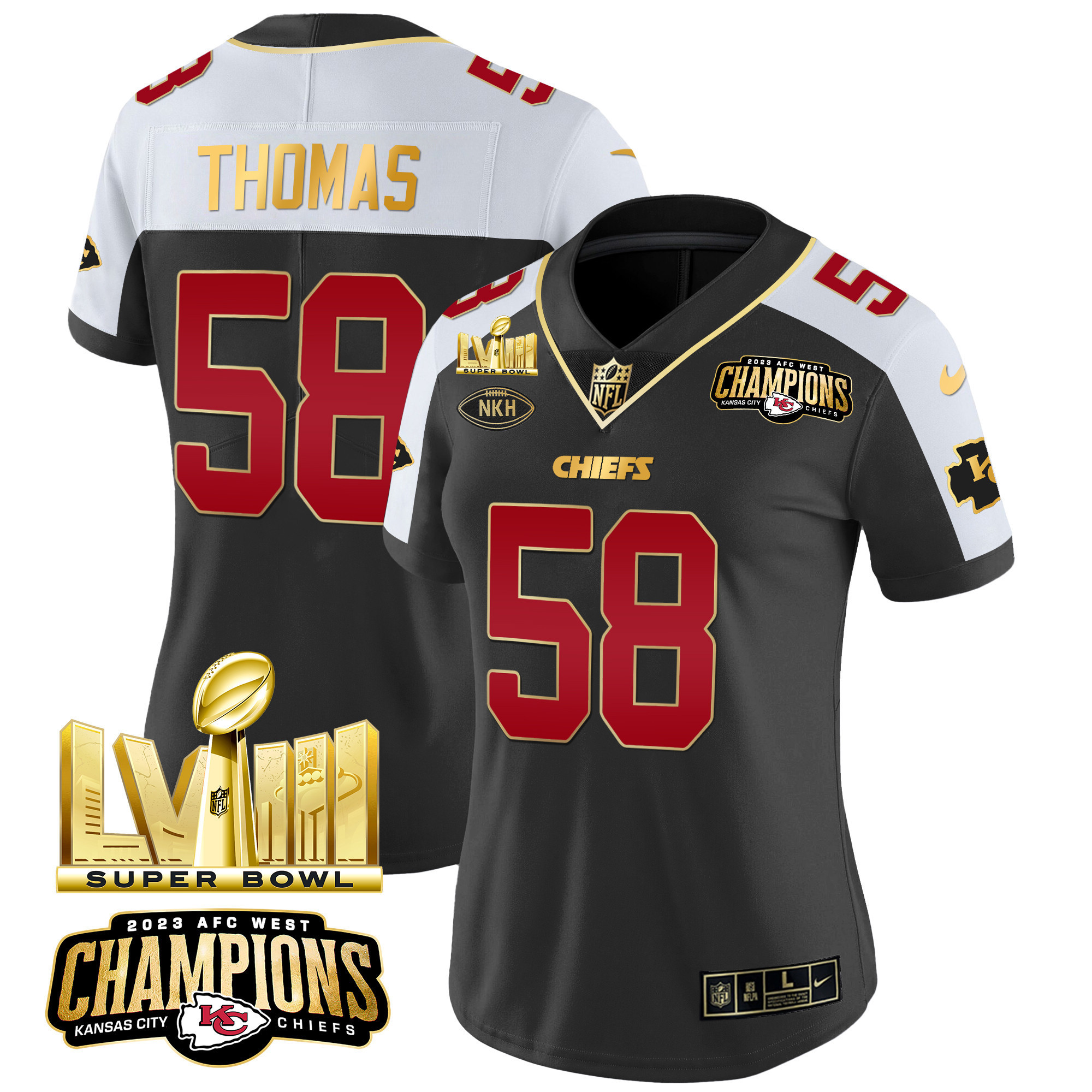 Derrick Thomas Women's Kansas City Chiefs AFC West Champions & Super Bowl LVIII Gold Patch Vapor Black Alternate Jersey - All Stitched