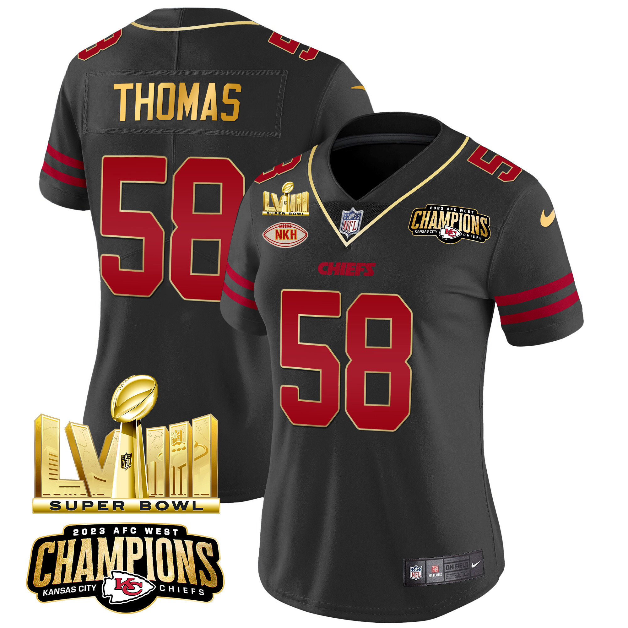 Derrick Thomas Women's Kansas City Chiefs AFC West Champions & Super Bowl LVIII Gold Patch Vapor Gold Trim Jersey - All Stitched