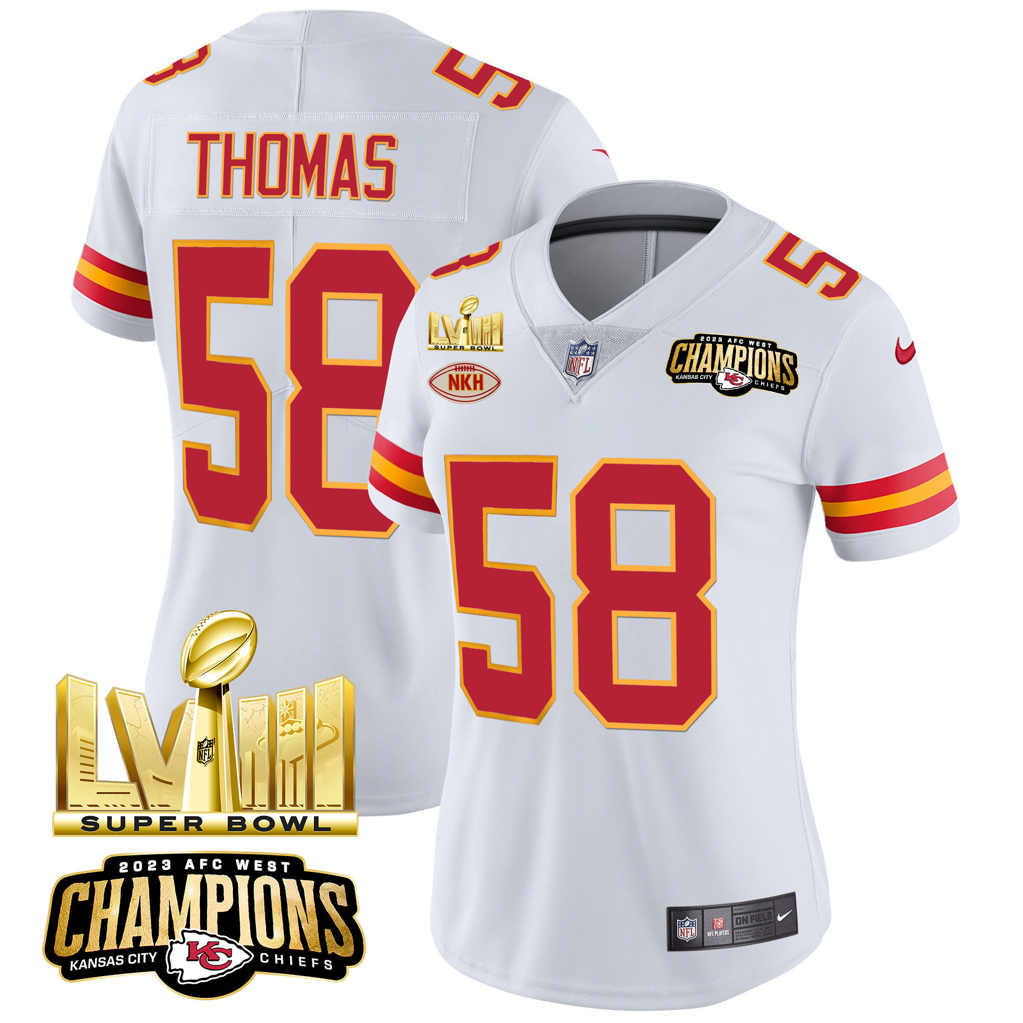 Derrick Thomas Women's Kansas City Chiefs AFC West Champions & Super Bowl LVIII Gold Patch Vapor White Jersey - All Stitched