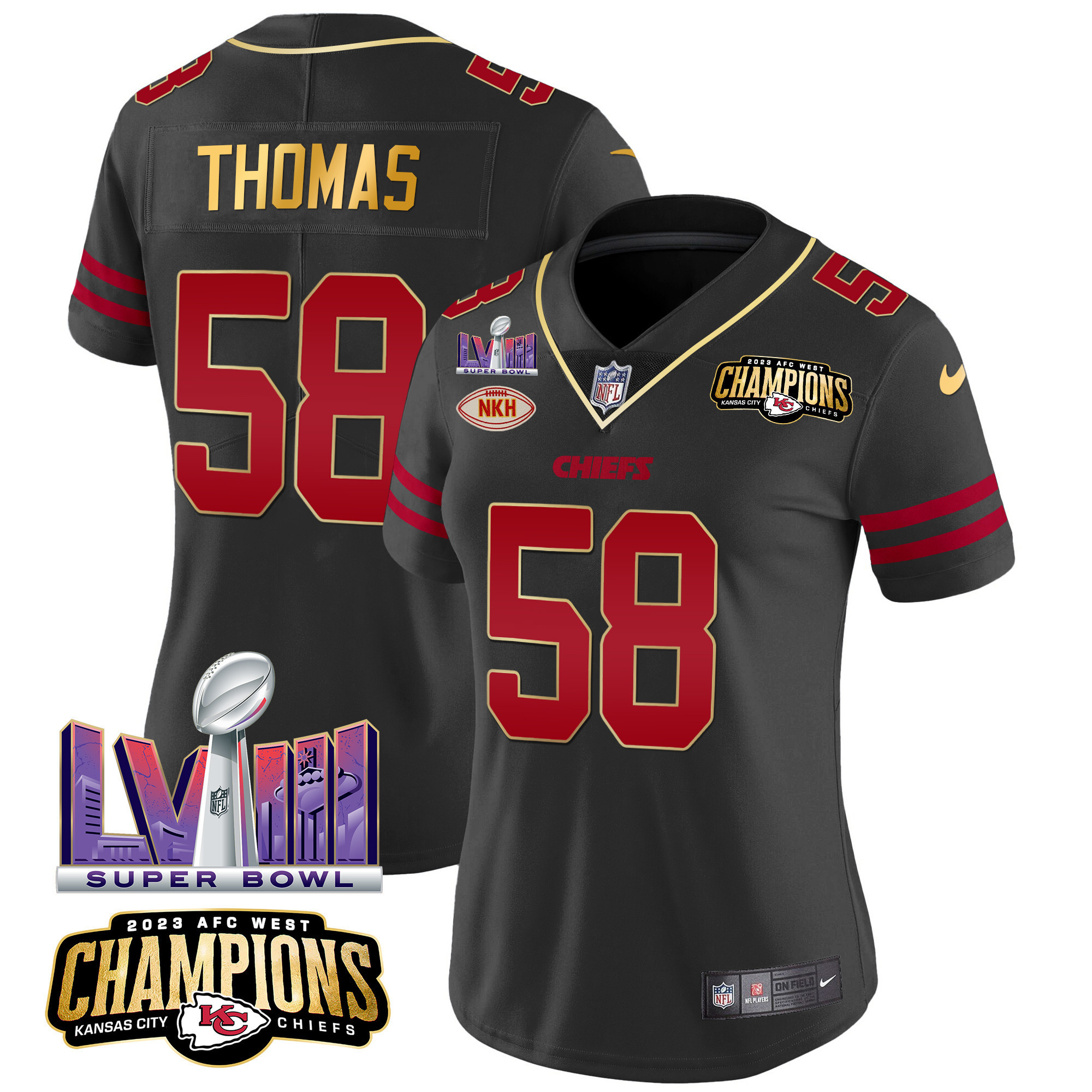 Derrick Thomas Women's Kansas City Chiefs AFC West Champions & Super Bowl LVIII Patch Vapor Gold Trim Jersey - All Stitched
