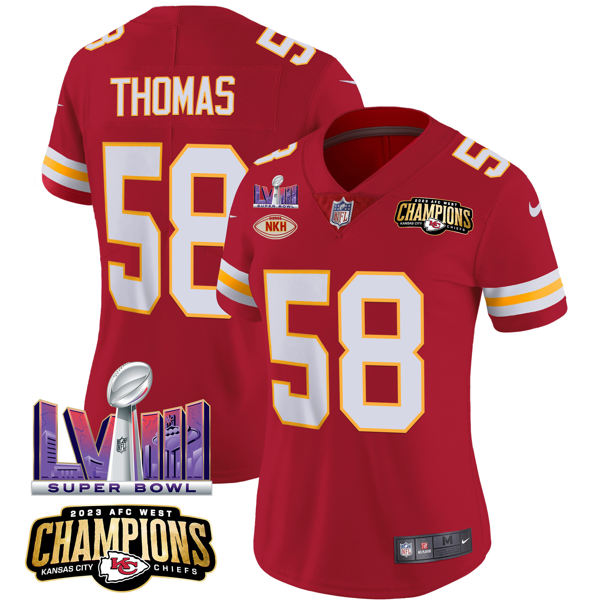 Derrick Thomas Women's Kansas City Chiefs AFC West Champions & Super Bowl LVIII Patch Vapor Red Jersey - All Stitched