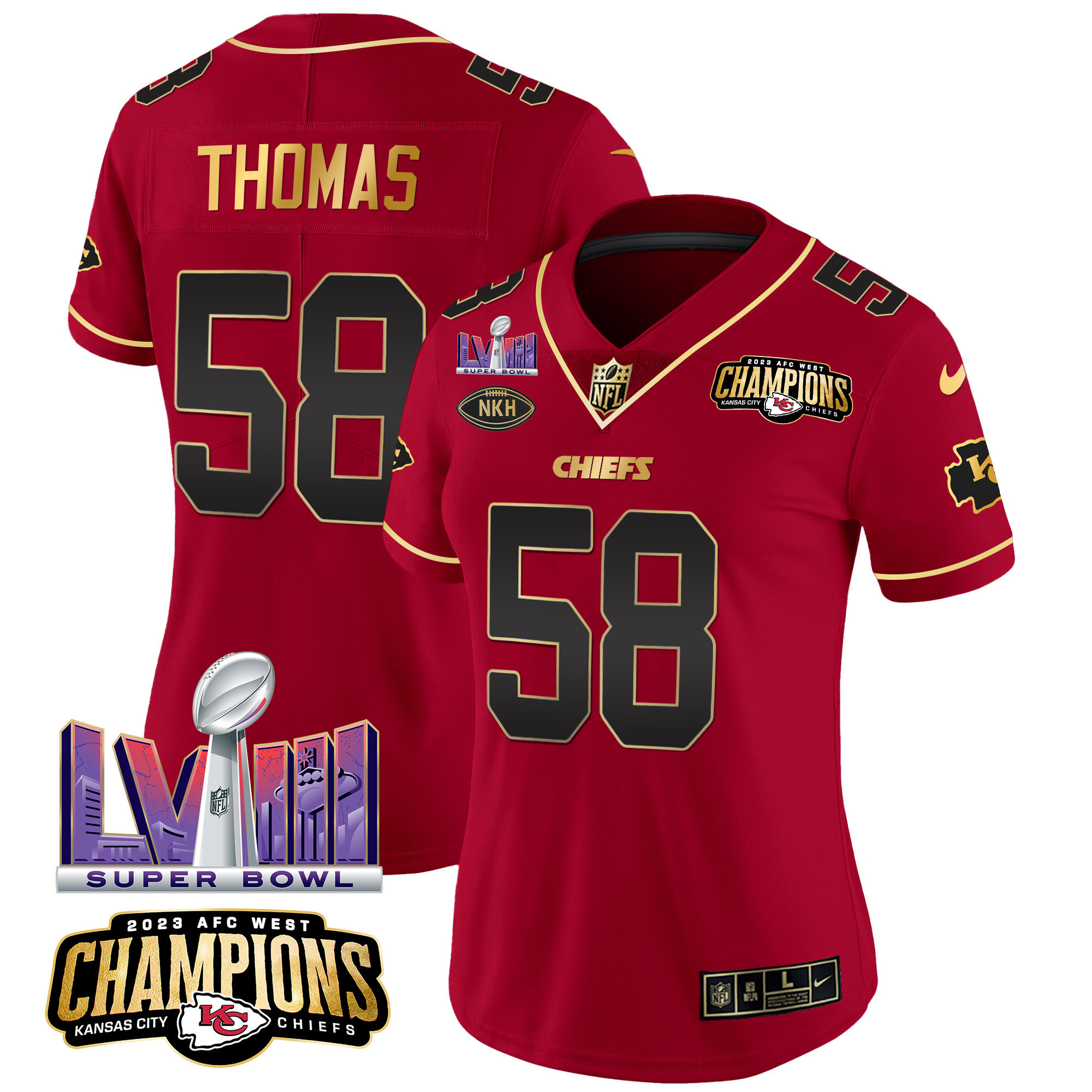 Derrick Thomas Women's Kansas City Chiefs AFC West Champions & Super Bowl LVIII Patch Vapor Red Special Jersey - All Stitched