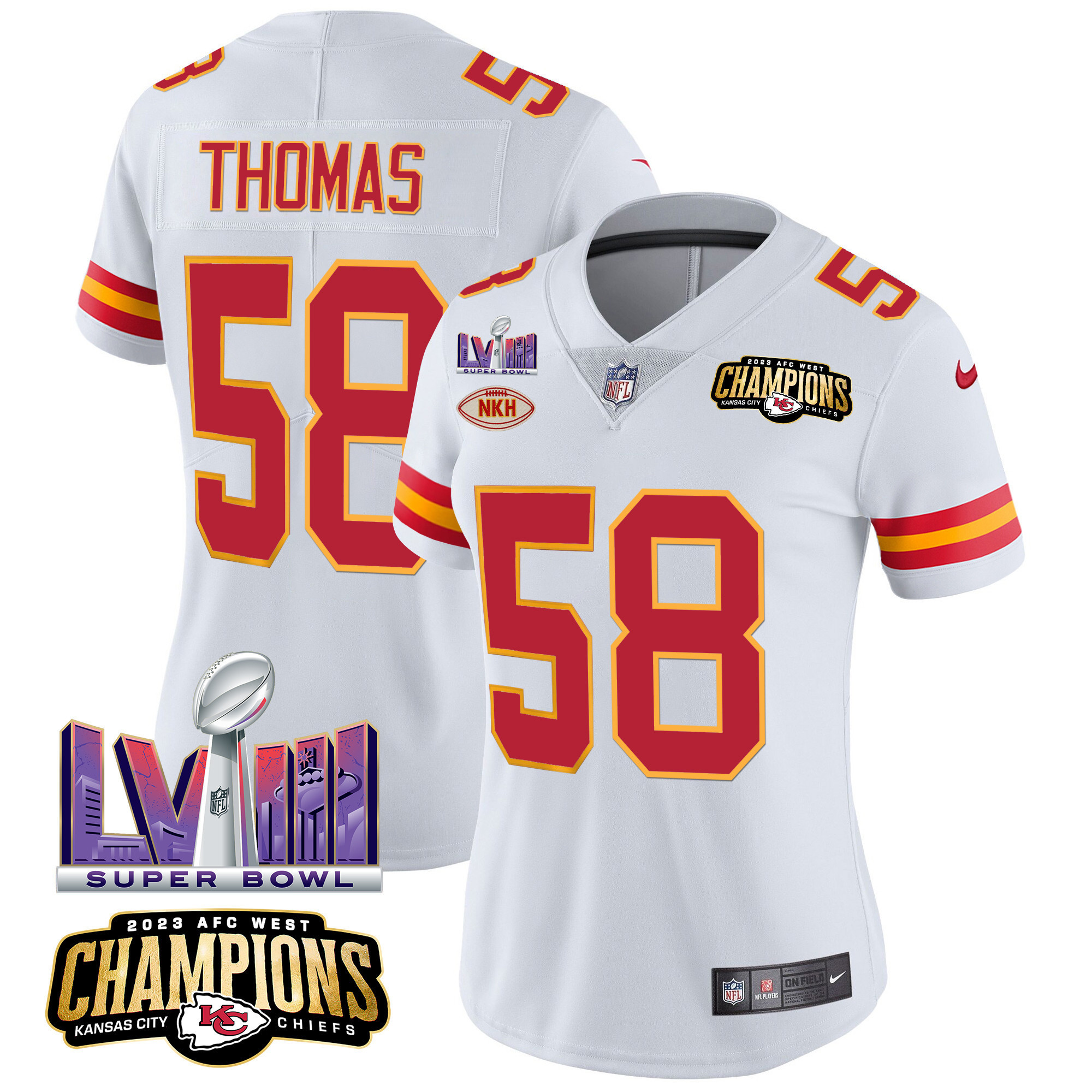 Derrick Thomas Women's Kansas City Chiefs AFC West Champions & Super Bowl LVIII Patch Vapor White Jersey - All Stitched