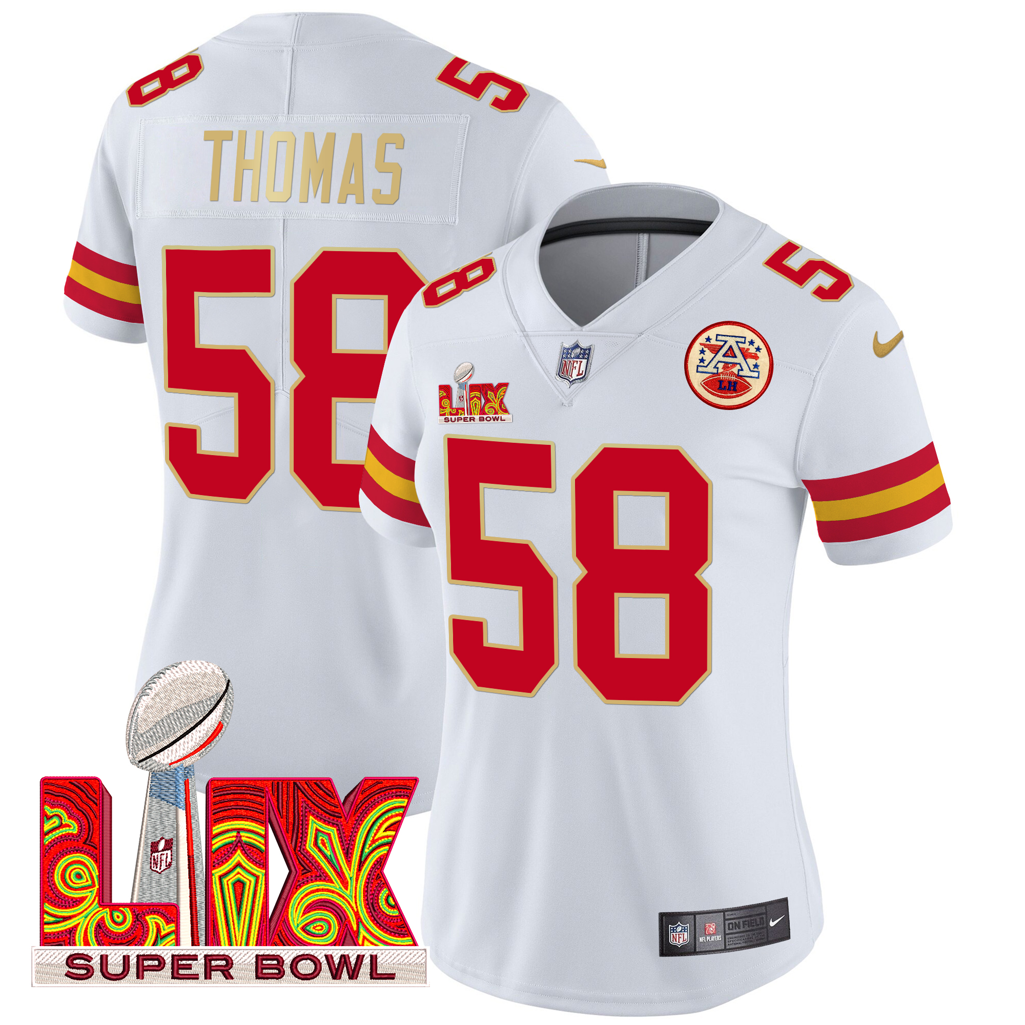 Derrick Thomas Women's Kansas City Chiefs Super Bowl LIX Patch Gold Trim Vapor Limited White Jersey - All Stitched