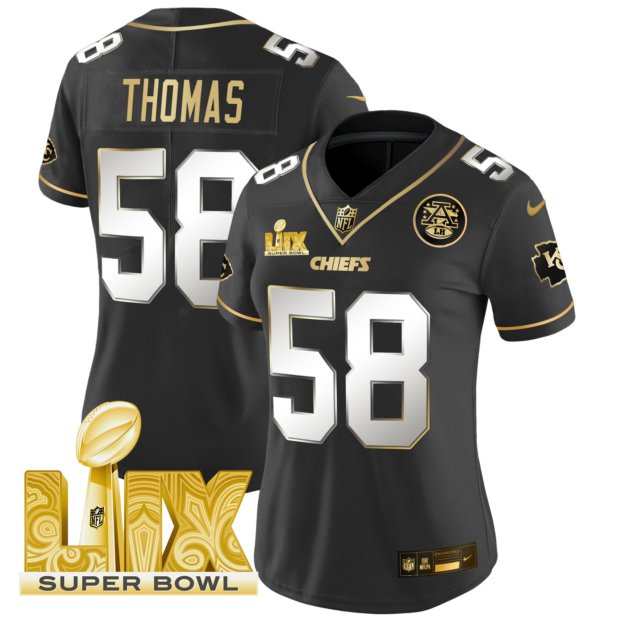 Derrick Thomas Women's Kansas City Chiefs Super Bowl LIX Patch Gold Vapor Limited Black Limited Jersey - All Stitched