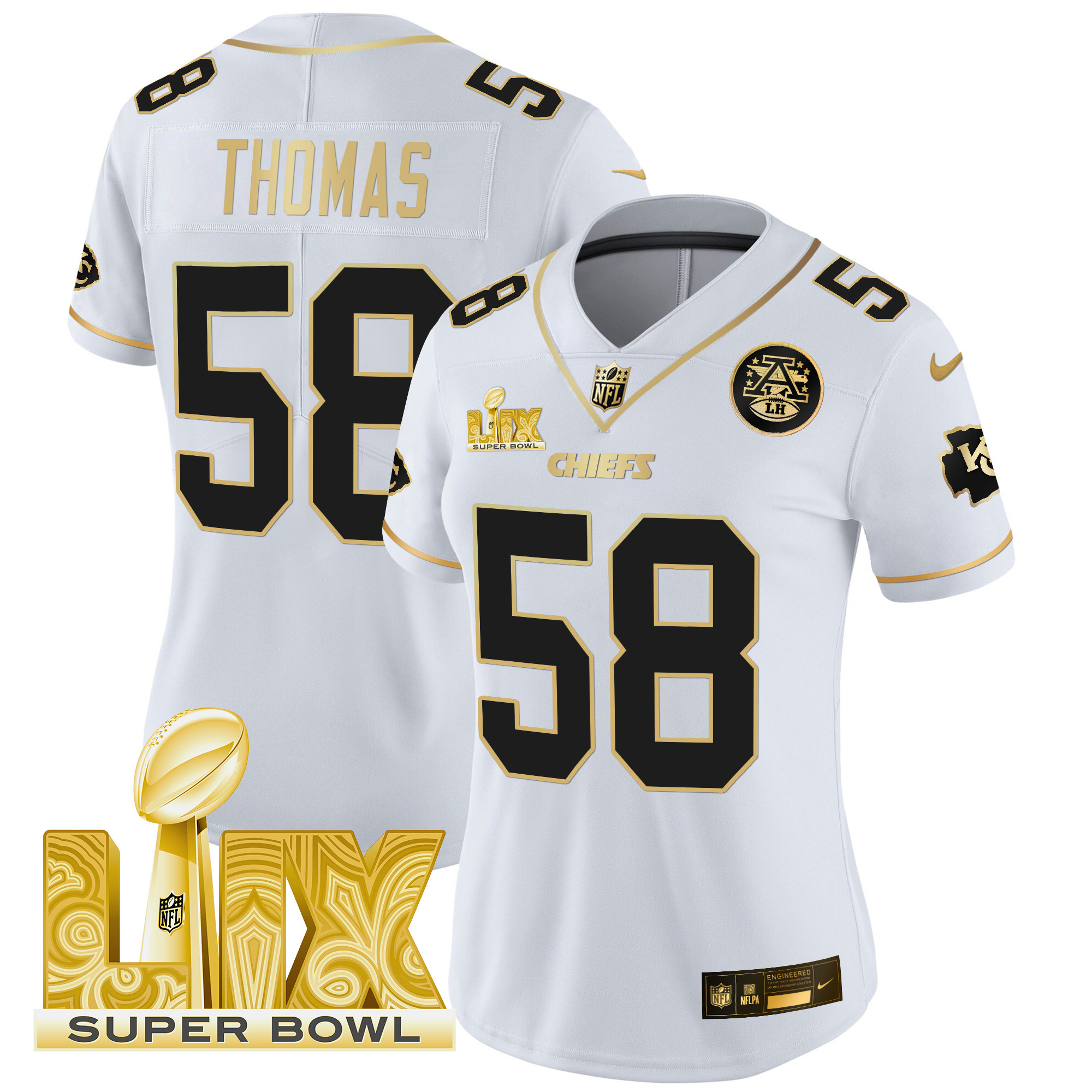 Derrick Thomas Women's Kansas City Chiefs Super Bowl LIX Patch Gold Vapor Limited White Gold Jersey - All Stitched
