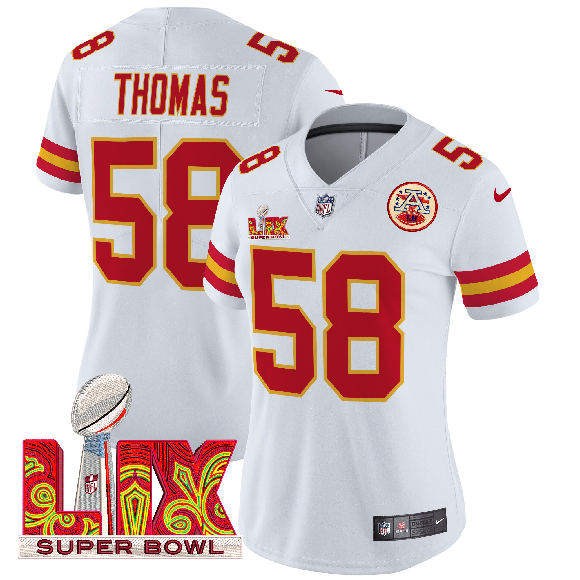 Derrick Thomas Women's Kansas City Chiefs Super Bowl LIX Patch Vapor Limited White Jersey - All Stitched