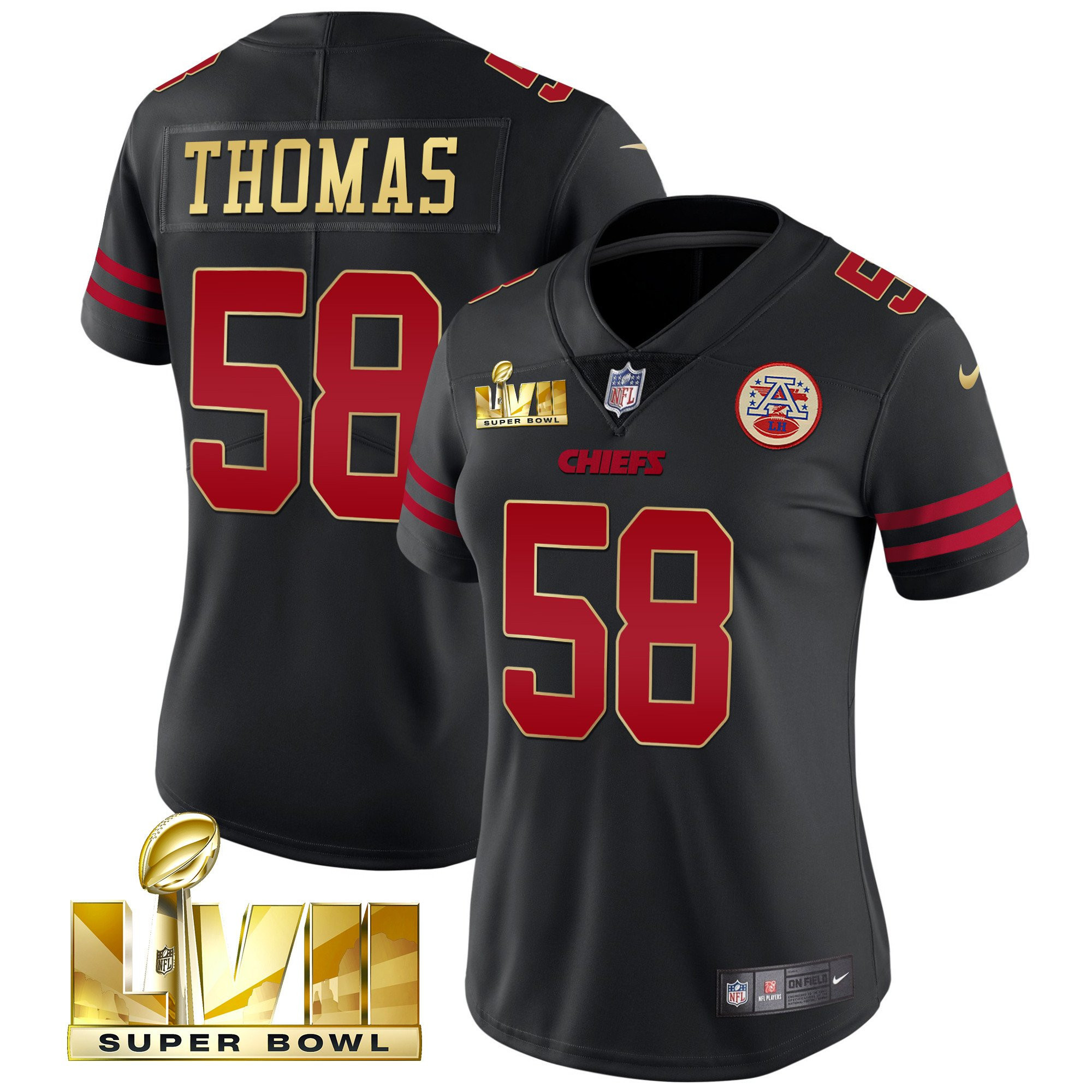 Derrick Thomas Women's Kansas City Chiefs Super Bowl LVII Red Gold Vapor Black Gold Trim Jersey - All Stitched