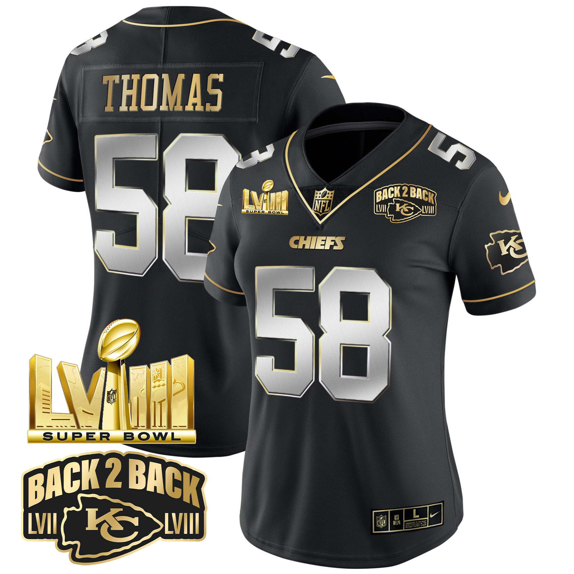Derrick Thomas Women's Kansas City Chiefs Super Bowl LVIII & Back 2 Back Gold Patch Vapor Black Limited Jersey - All Stitched