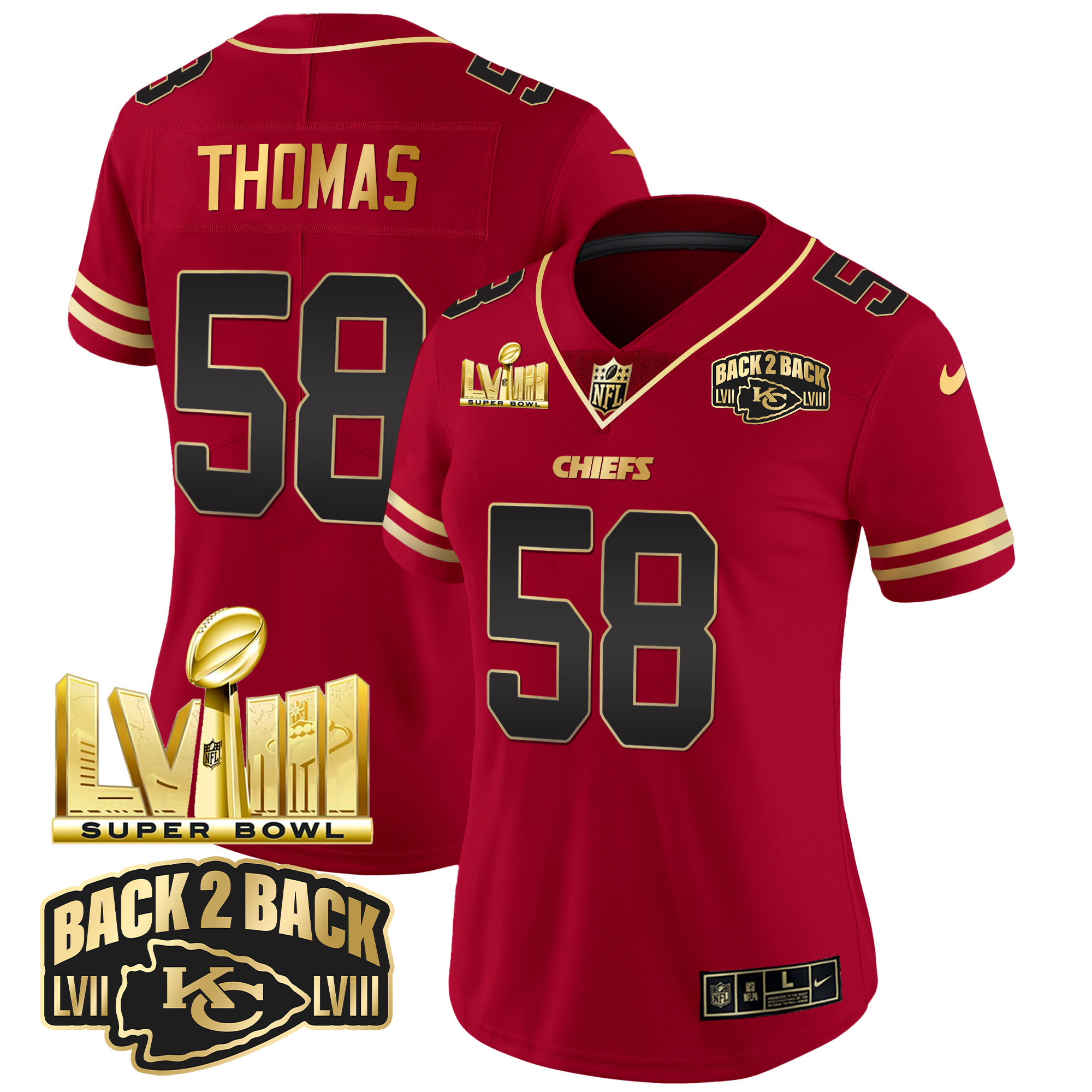 Derrick Thomas Women's Kansas City Chiefs Super Bowl LVIII & Back 2 Back Gold Patch Vapor Black Red Jersey - All Stitched