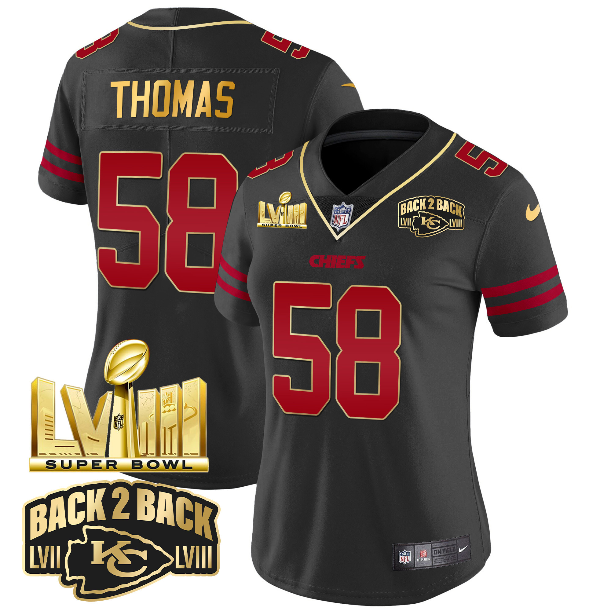 Derrick Thomas Women's Kansas City Chiefs Super Bowl LVIII & Back 2 Back Gold Patch Vapor Gold Trim Jersey - All Stitched