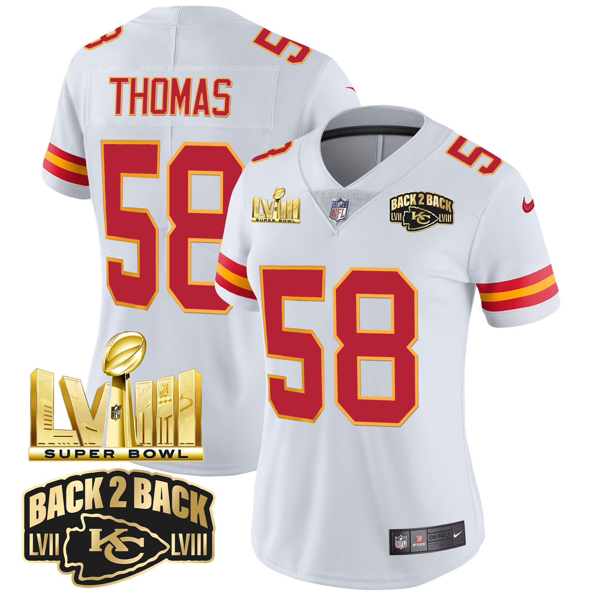Derrick Thomas Women's Kansas City Chiefs Super Bowl LVIII & Back 2 Back Gold Patch Vapor White Jersey - All Stitched