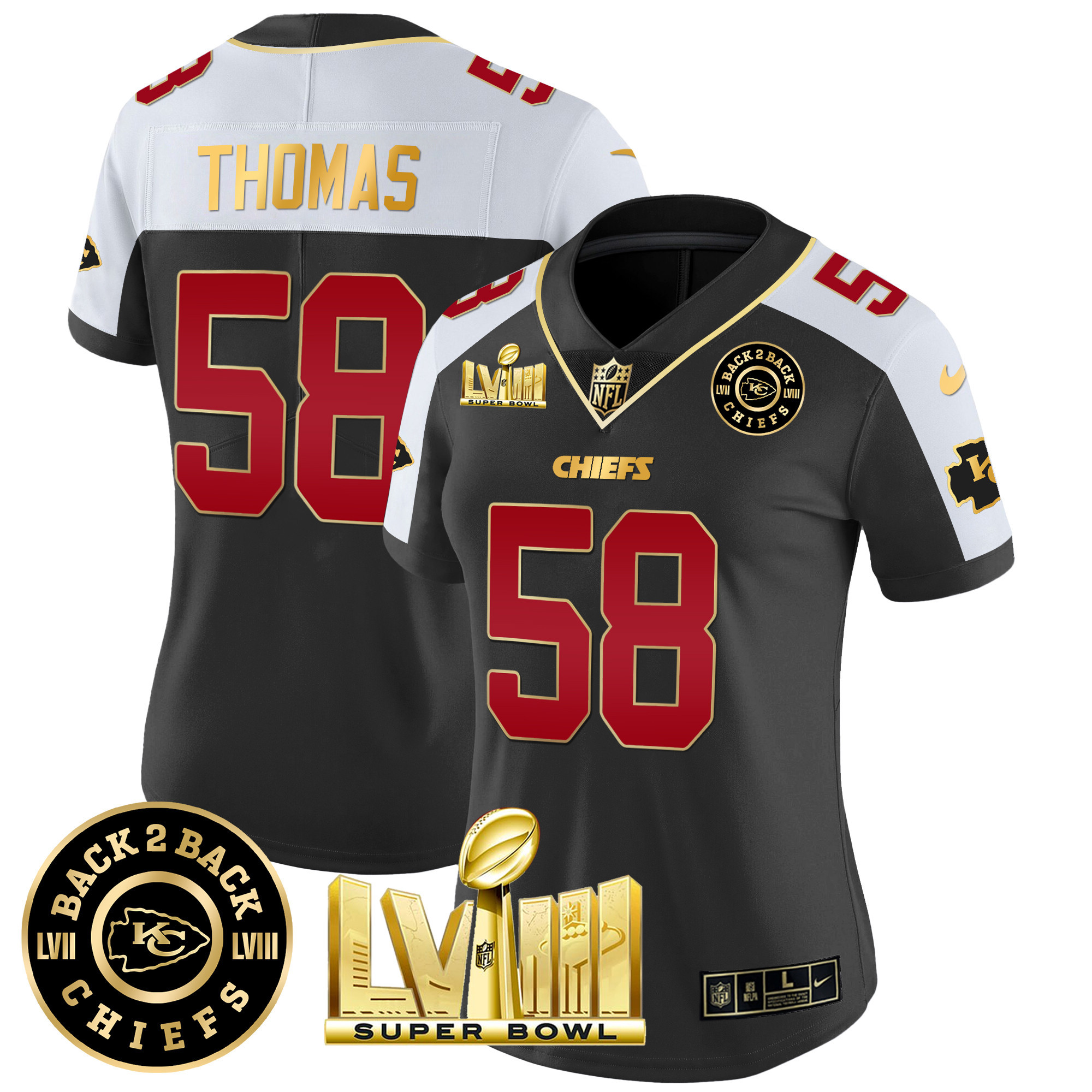 Derrick Thomas Women's Kansas City Chiefs Super Bowl LVIII & Back 2 Back Patch Vapor Black Alternate Jersey - All Stitched