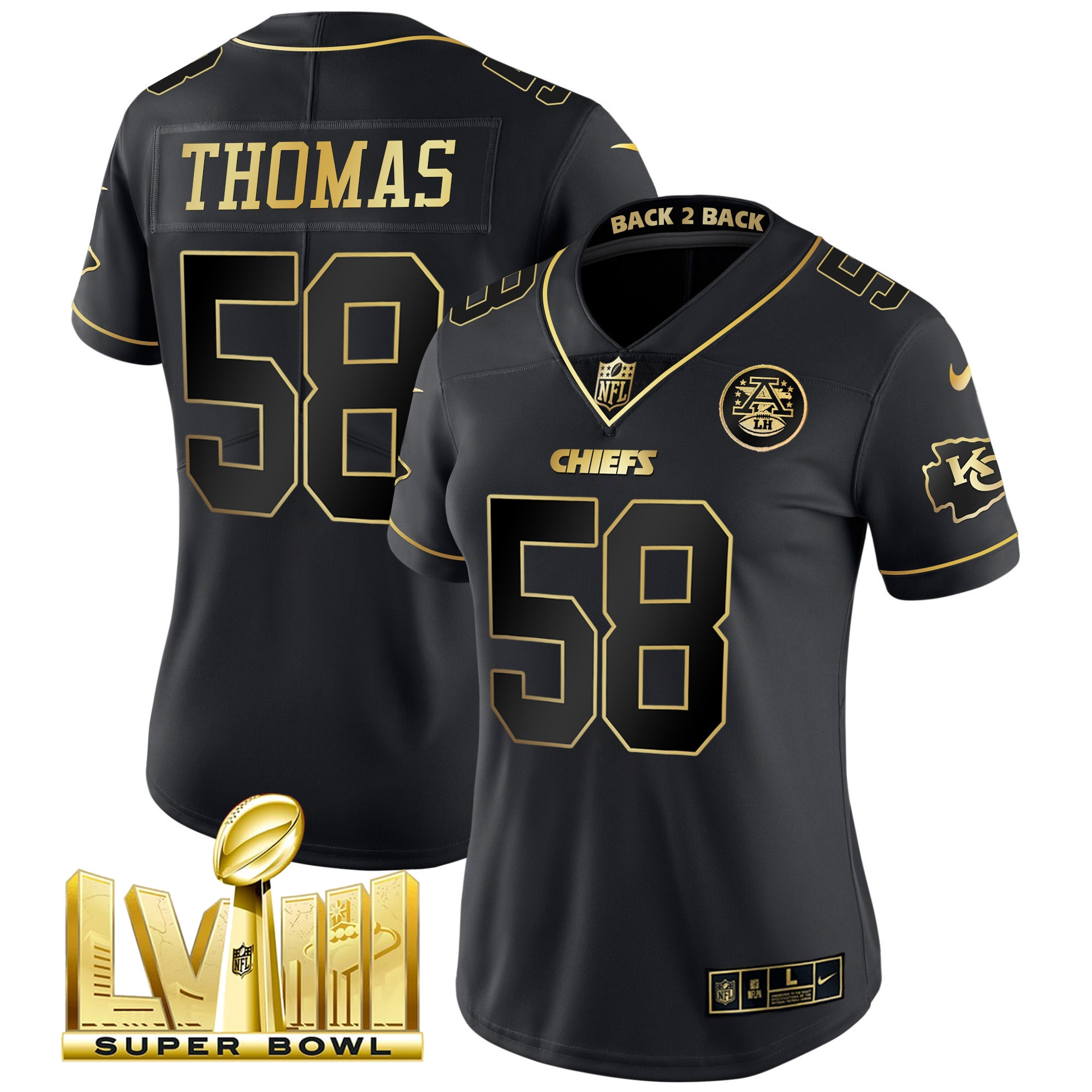 Derrick Thomas Women's Kansas City Chiefs Super Bowl LVIII & Back 2 Back Patch Vapor Black Gold Jersey - All Stitched