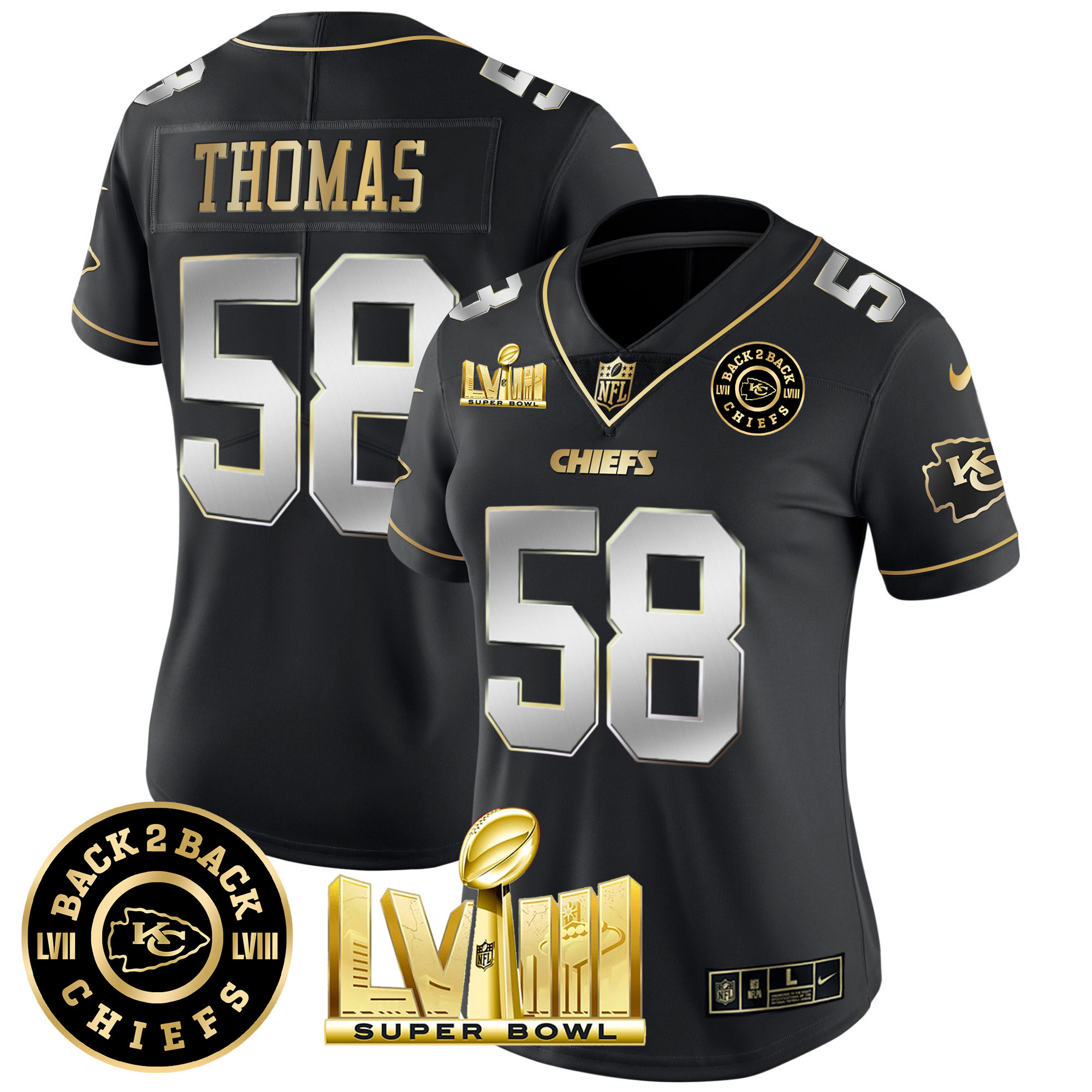 Derrick Thomas Women's Kansas City Chiefs Super Bowl LVIII & Back 2 Back Patch Vapor Black Limited Jersey - All Stitched