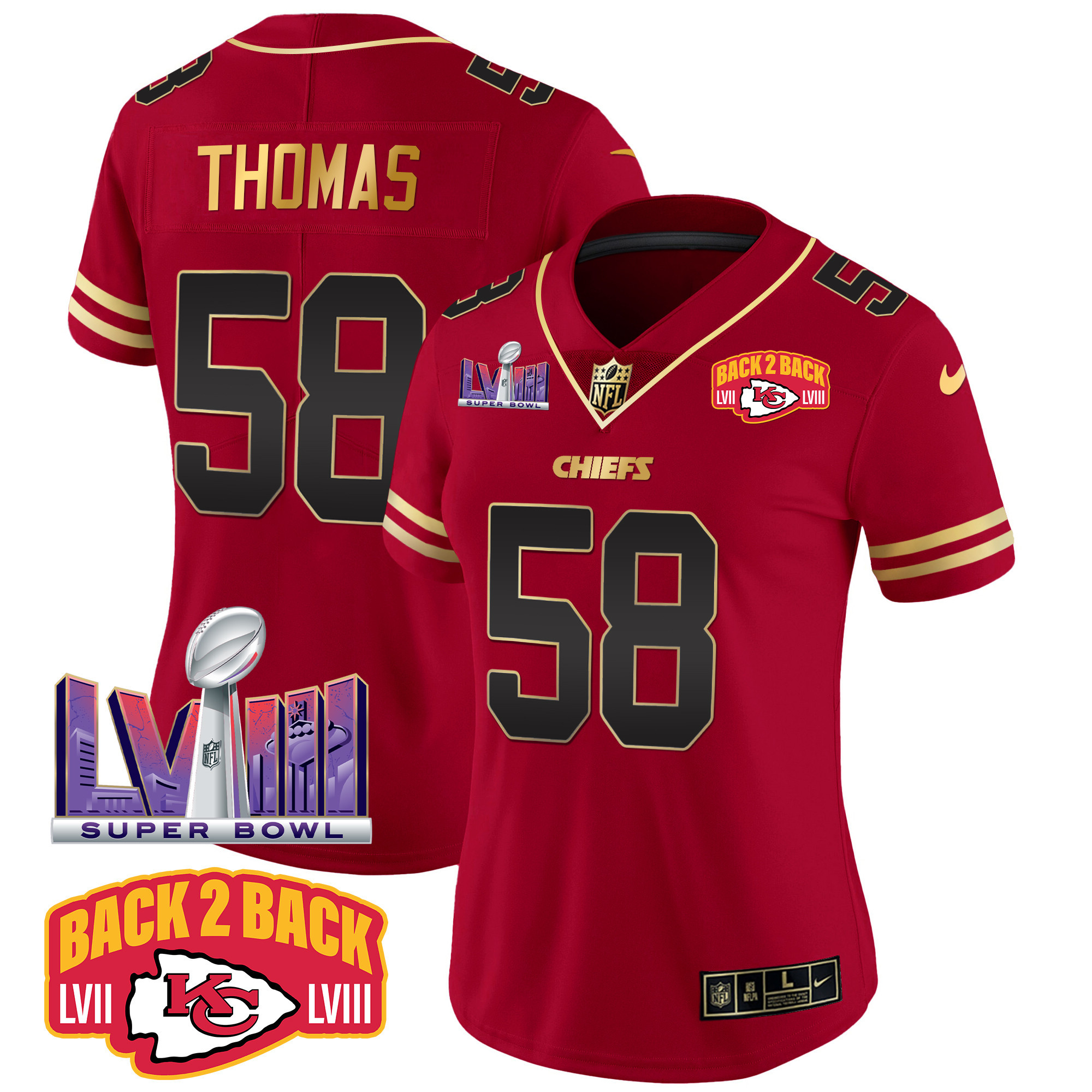 Derrick Thomas Women's Kansas City Chiefs Super Bowl LVIII & Back 2 Back Patch Vapor Black Red Jersey - All Stitched