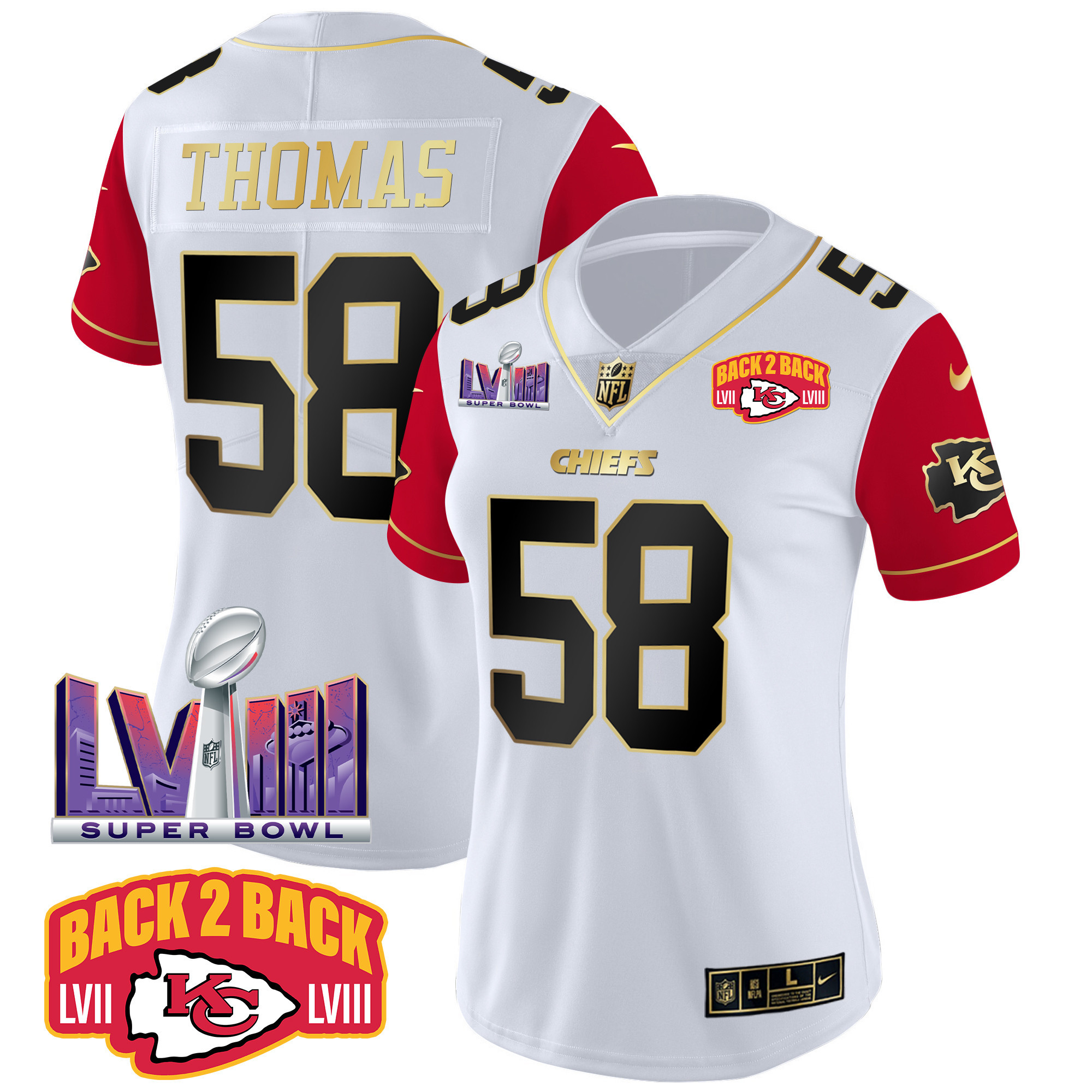 Derrick Thomas Women's Kansas City Chiefs Super Bowl LVIII & Back 2 Back Patch Vapor Color Sleeves Jersey - All Stitched