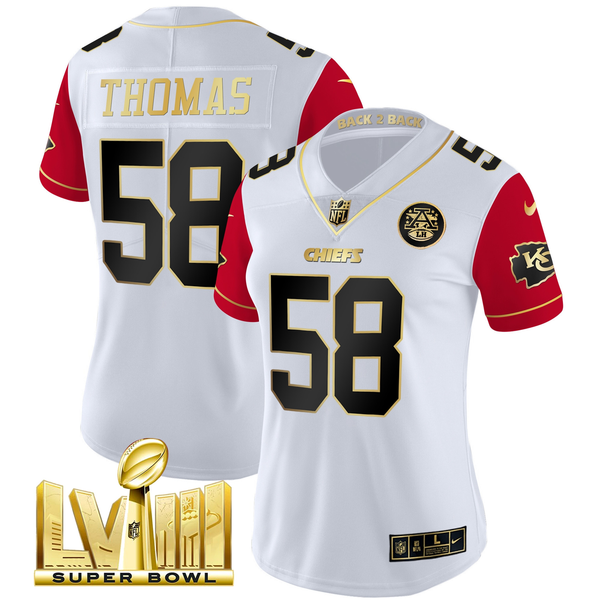 Derrick Thomas Women's Kansas City Chiefs Super Bowl LVIII & Back 2 Back Patch Vapor Color Sleeves Jersey - All Stitched