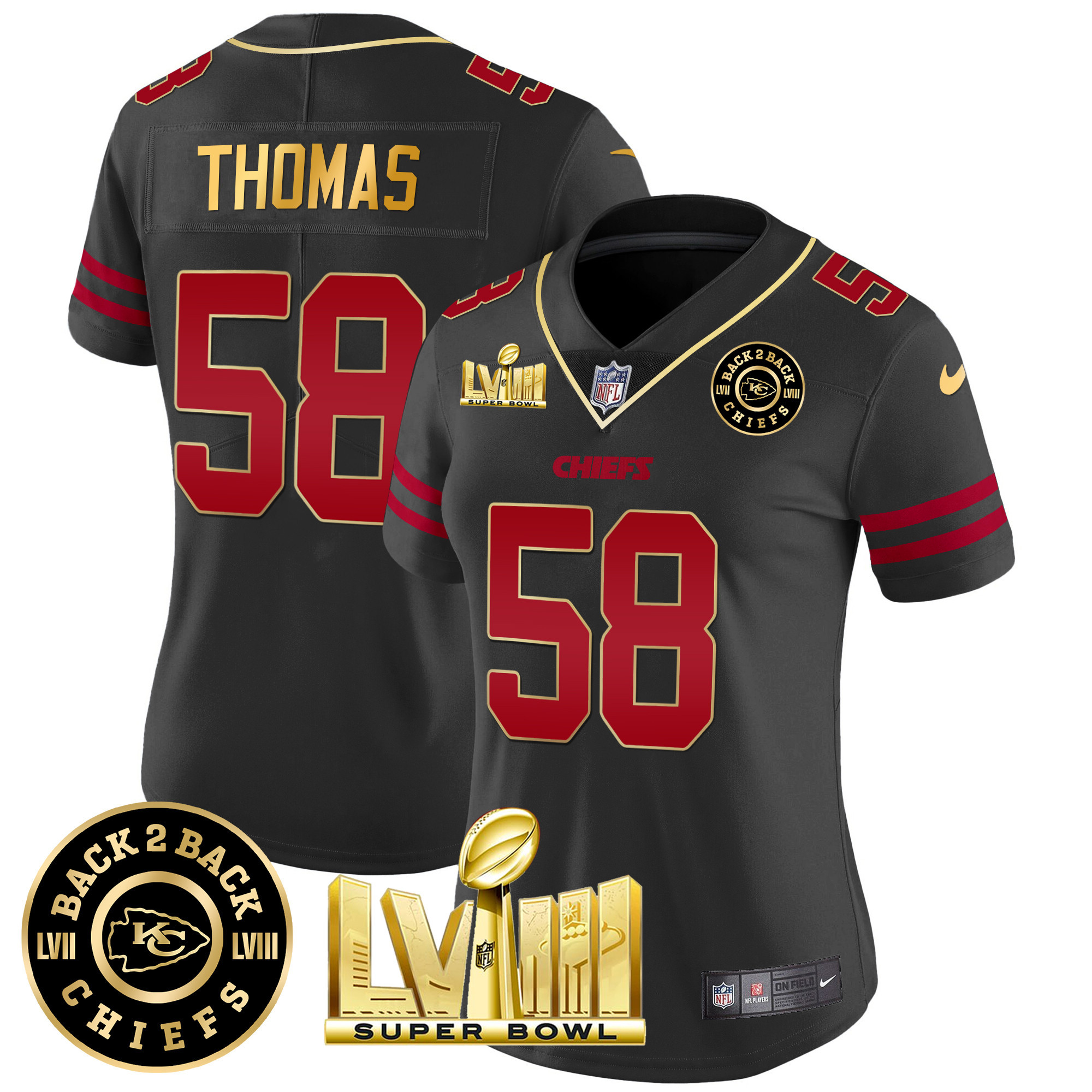 Derrick Thomas Women's Kansas City Chiefs Super Bowl LVIII & Back 2 Back Patch Vapor Gold Trim Jersey - All Stitched