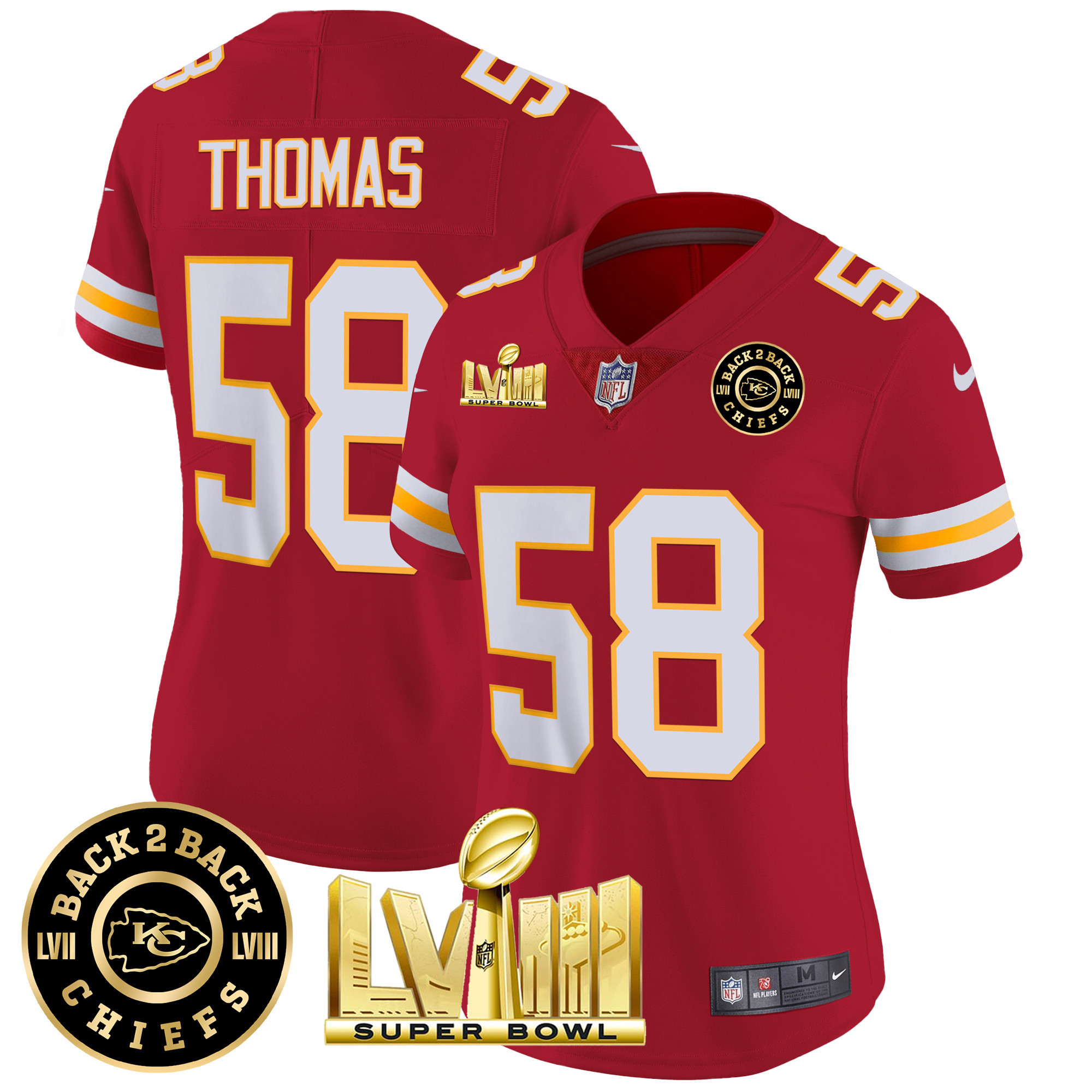 Derrick Thomas Women's Kansas City Chiefs Super Bowl LVIII & Back 2 Back Patch Vapor Red Jersey - All Stitched