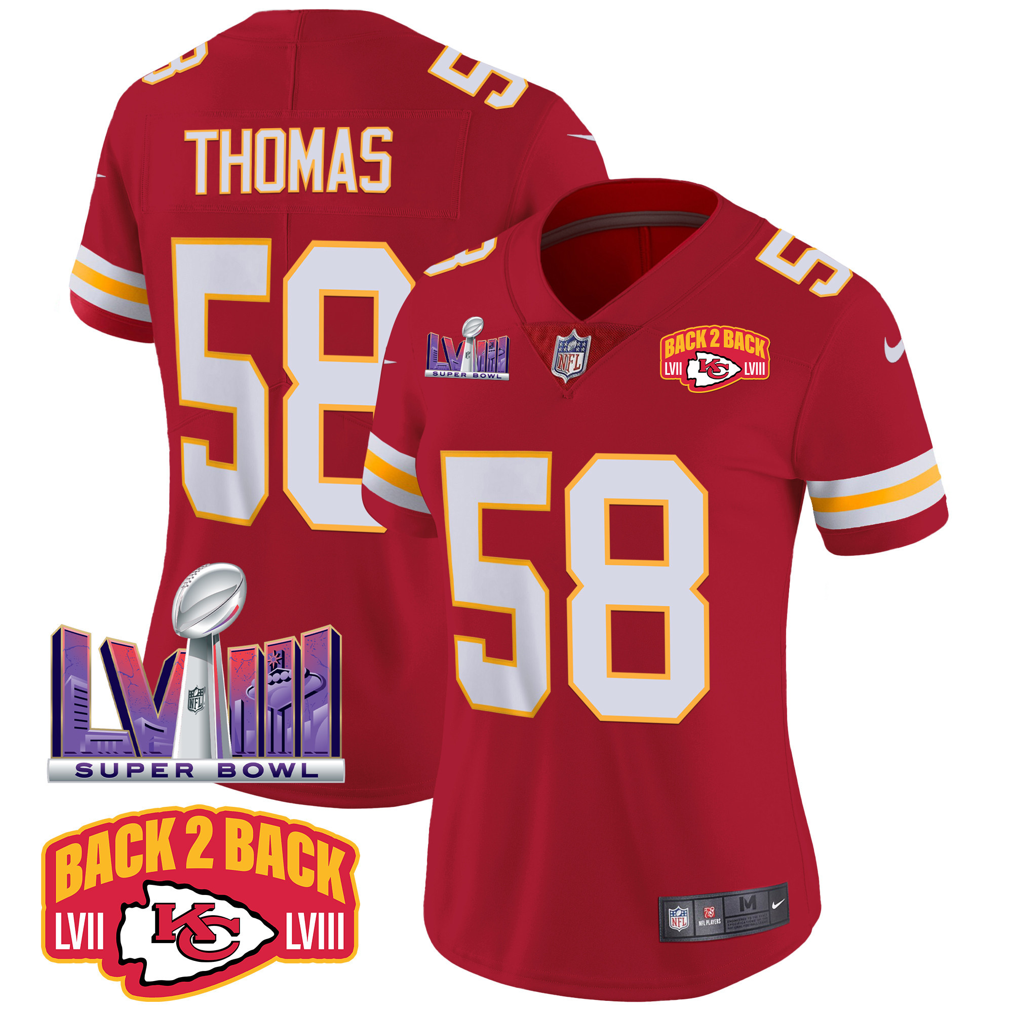 Derrick Thomas Women's Kansas City Chiefs Super Bowl LVIII & Back 2 Back Patch Vapor Red Jersey - All Stitched