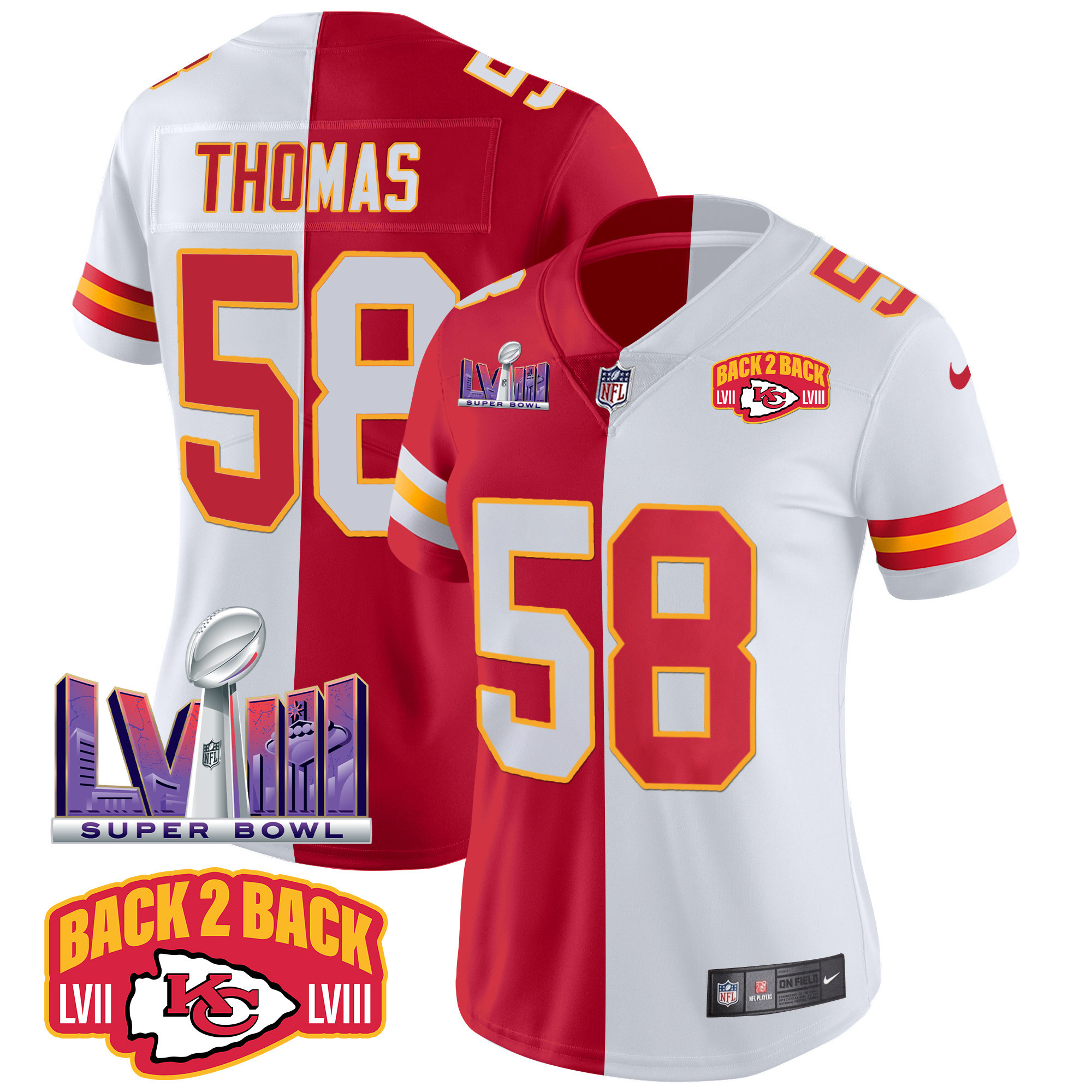 Derrick Thomas Women's Kansas City Chiefs Super Bowl LVIII & Back 2 Back Patch Vapor Split Jersey - All Stitched