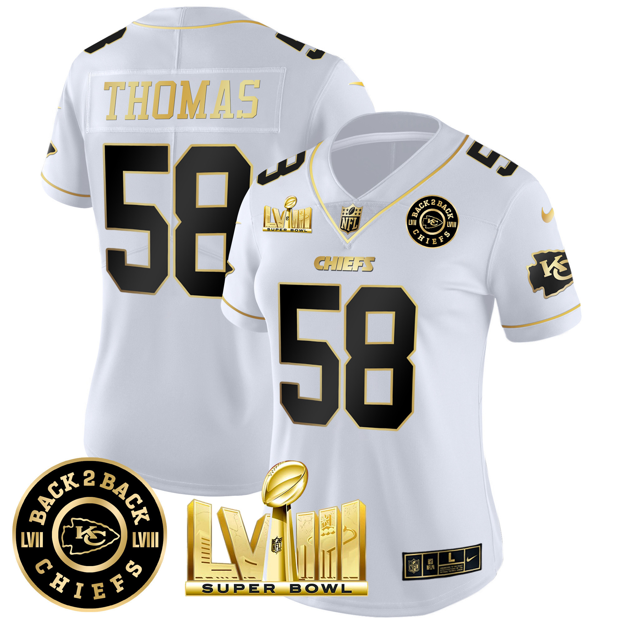 Derrick Thomas Women's Kansas City Chiefs Super Bowl LVIII & Back 2 Back Patch Vapor White Gold Jersey - All Stitched